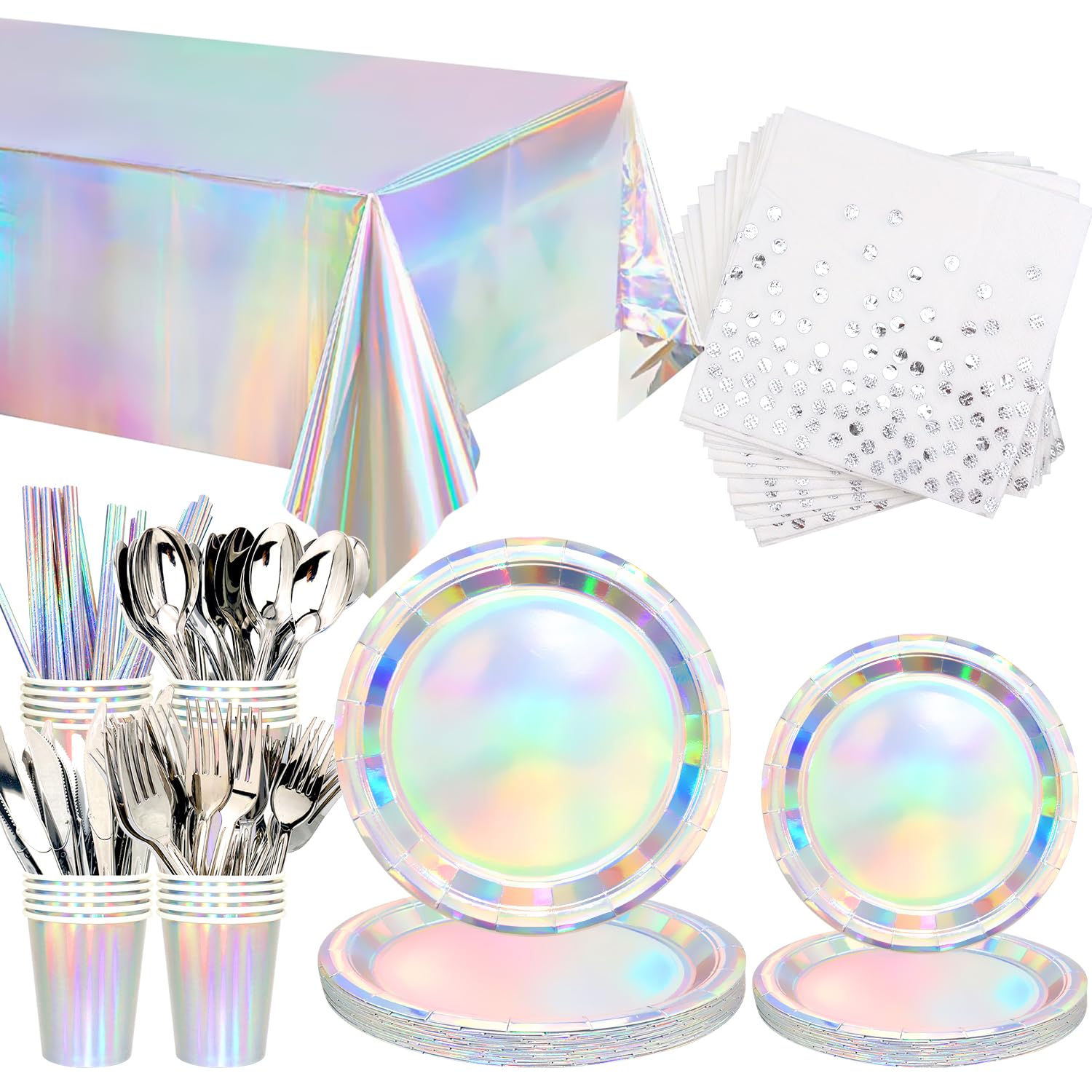161Pack Iridescent Party Supplies, Holographic Party Tableware - Iridescent Cup Straws Napkins Forks Knives Spoons Iridescent Foil Tablecloths for