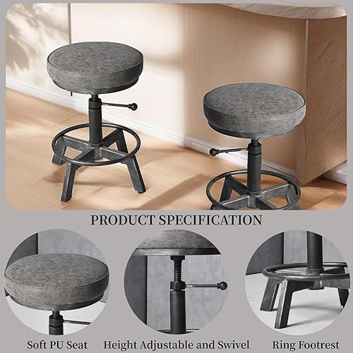 Miniatura 3 de Vintage Short Bar Stools Swivel PU Seat 15-21inch Height Adjustable Extra Guest Chair Kitchen Island Counter Stool(Set of 2)