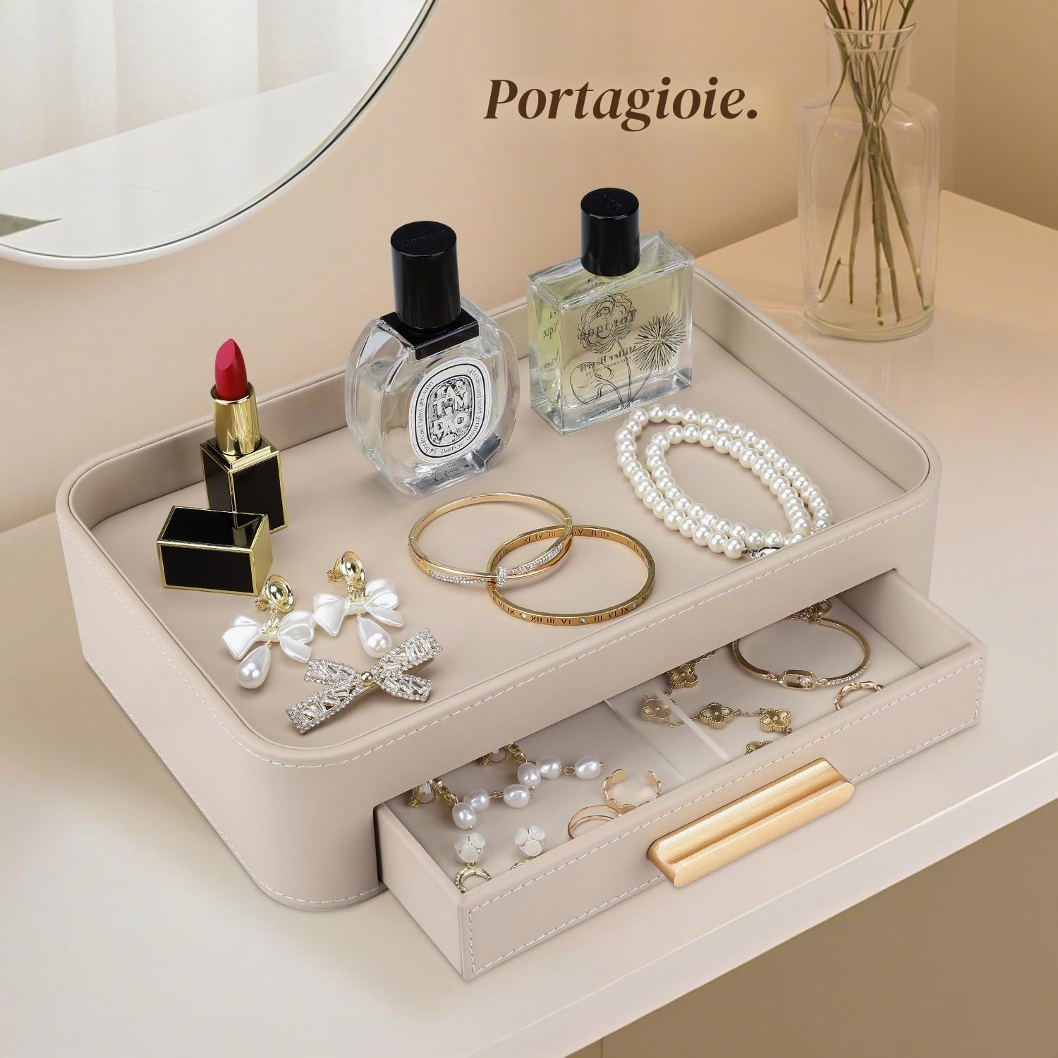 GORESE Svuotatasche, Vassoio Portaoggetti con Cassetto in Pelle Porta Gioielli Organizer per Cassetti Vassoio da Letto Organizzatore da Scrivania per Chiavi,Occhiali,Beaute,Gioielli(Beige)