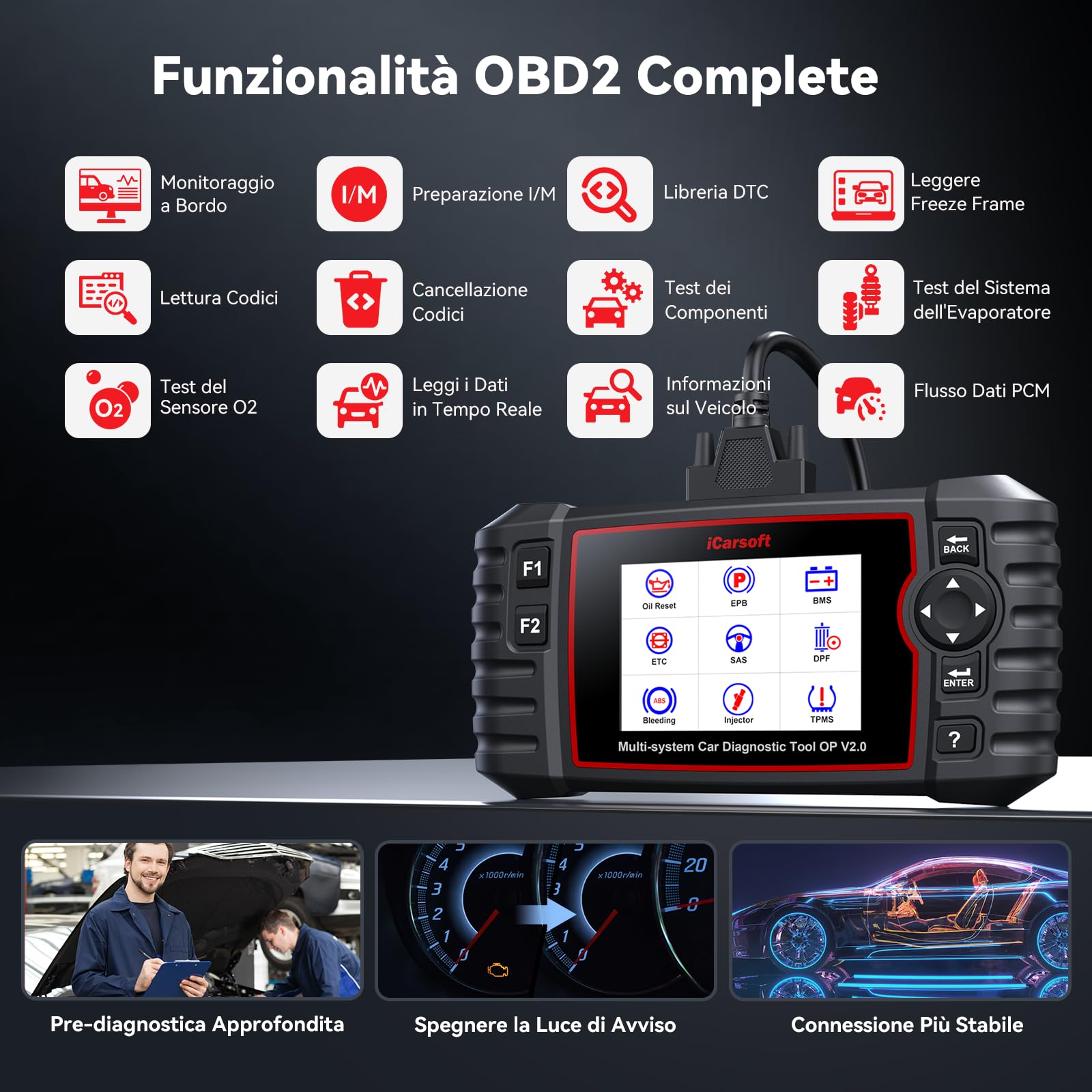 iCarsoft OP V2.0 OBD2 Auto Diagnostica per Opel/Vauxhall, Diagnosi Auto in Italiano per Tutti i Sistemi, 9 Funzioni di Ripristino, Reset Olio/EPB/BMS/ETC/SAS/INJ/TPMS/DP-F/ABS, Aggiornamento a Vita