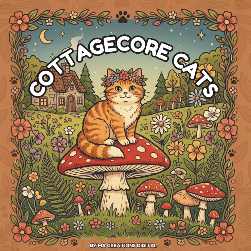 Cottagecore Cats Coloring Book for Adults: 50 Bold and Easy Cozy Cat Scenes with Cottage Gardens, Mushroom Houses and Woodland Adventures for Stress Relief and Relaxation