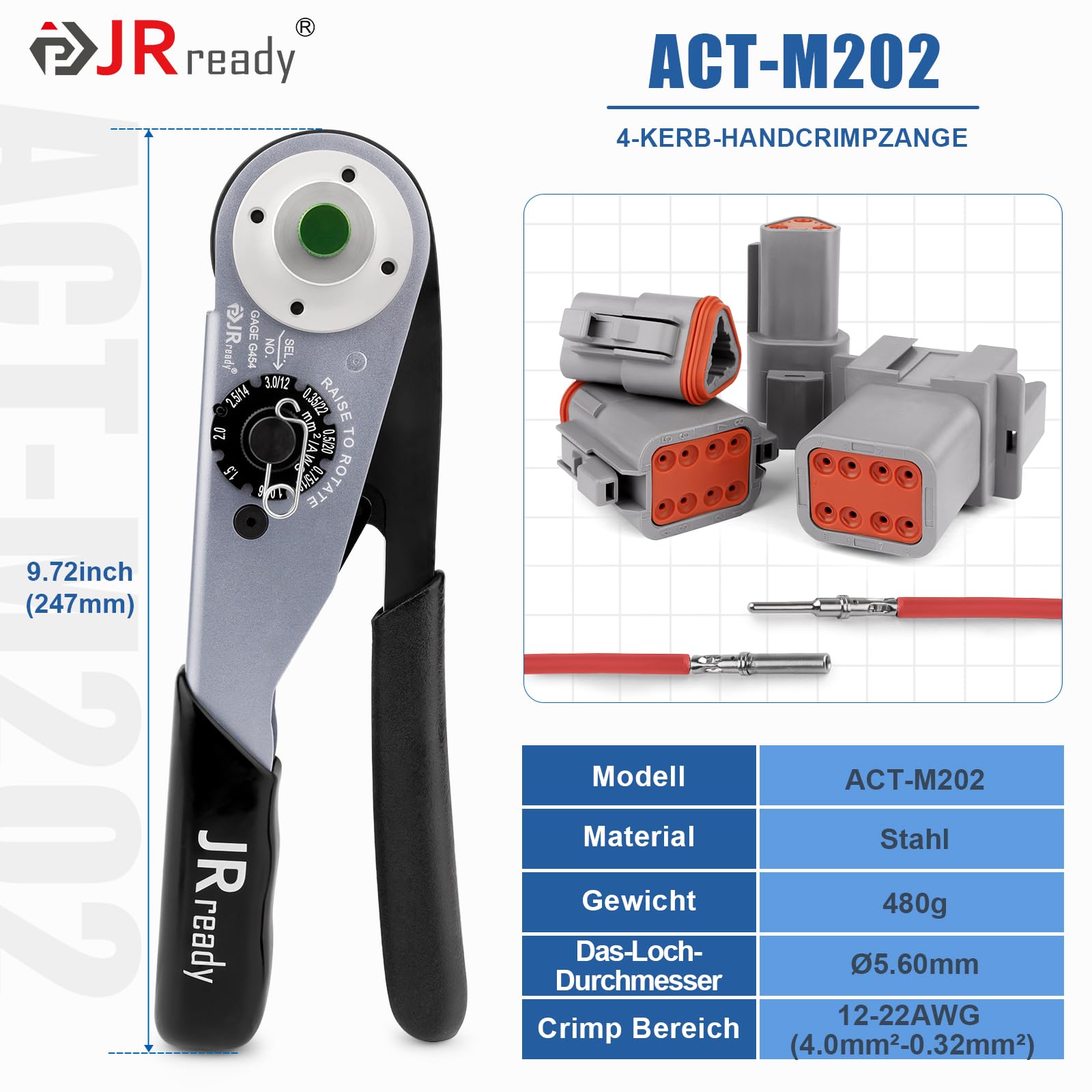 JRready DT Conector Kit 604 PCS Incluyendo Crimping Herramienta ACT-M202 Deutsch Conector 2 3 4 6 8 12 Polos IP68 Impermeable Tamaño 16 Deutsch Terminal 16-20 AWG Herramienta Reparación Automotriz