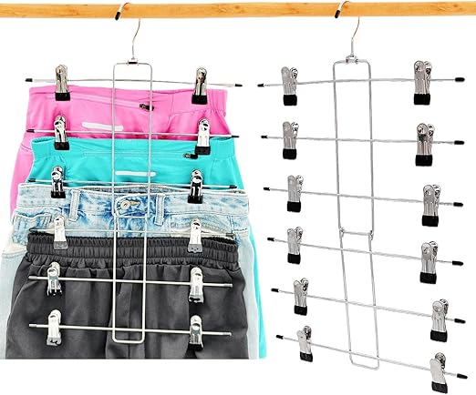 2 Pack Pants Hangers, 6 Tiers Skirt Hangers with Clips, Metal Non-Slip Space Saving Hanging Clothes Hangers with 360° Swivel Hook, Skirt Hangers for Women (Silver)