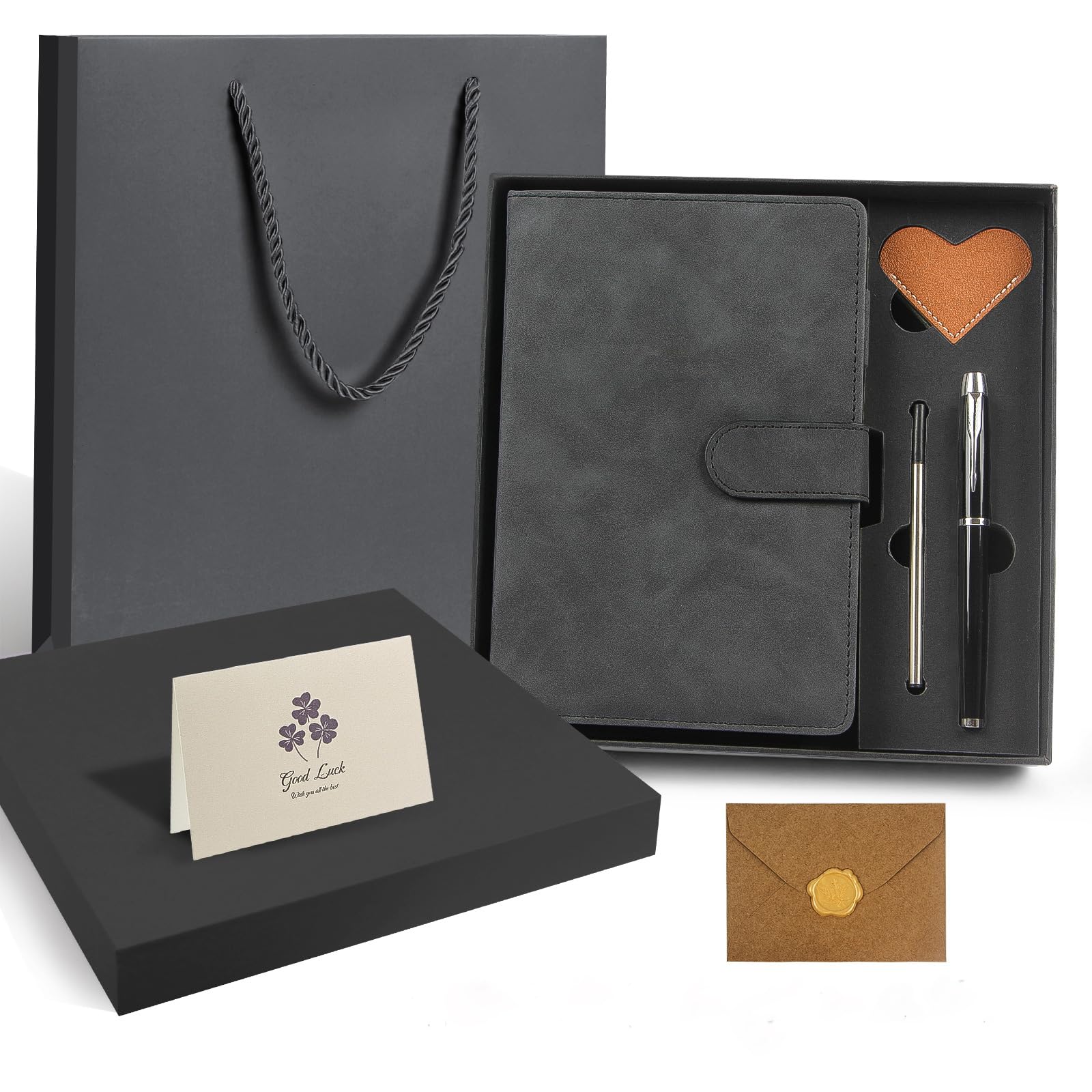 Leder-Notizbuch-Geschenkset, A5, Hardcover-Tagebuch mit Stift und 6 Herz-Lesezeichen, Geschenkbox + Tasche (schwarz)