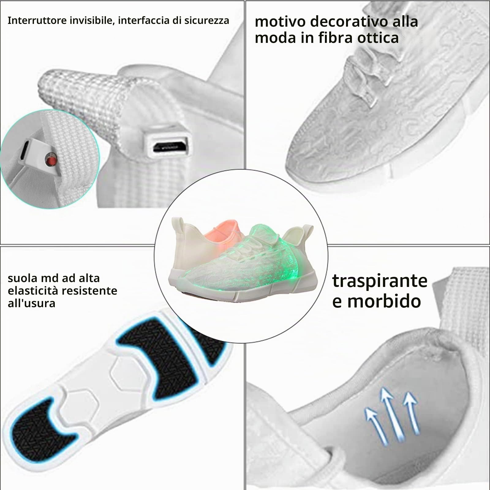 Shinmax Scarpe Uomo Donna Fibra Ottica Scarpe Bianche Scarpe LED 7 Colori 4 Modes USB Ricaricabile Light Up Scarpe Leggero Traspirante Comode Casual Sneaker Sportive Sneaker per Festa Natale Regalo
