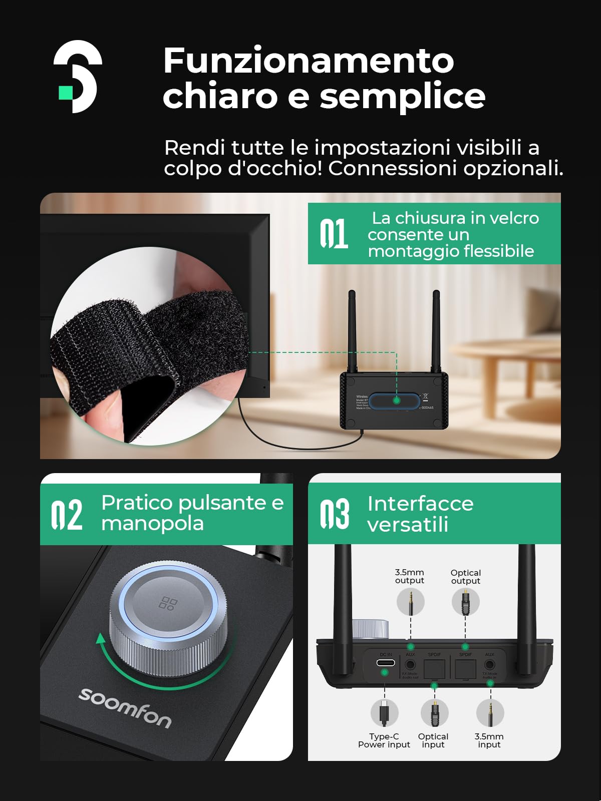 SOOMFON 3 in 1 Adattatore Audio Bluetooth 5.3, Trasmettitore/Ricevitore/Bypass Bluetooth 5.3 con doppia antenna & LCD Display 1.8 pollici, per TV, Cuffie, PC, HiFi, Casse, Aux/Ottico/RCA, Nero