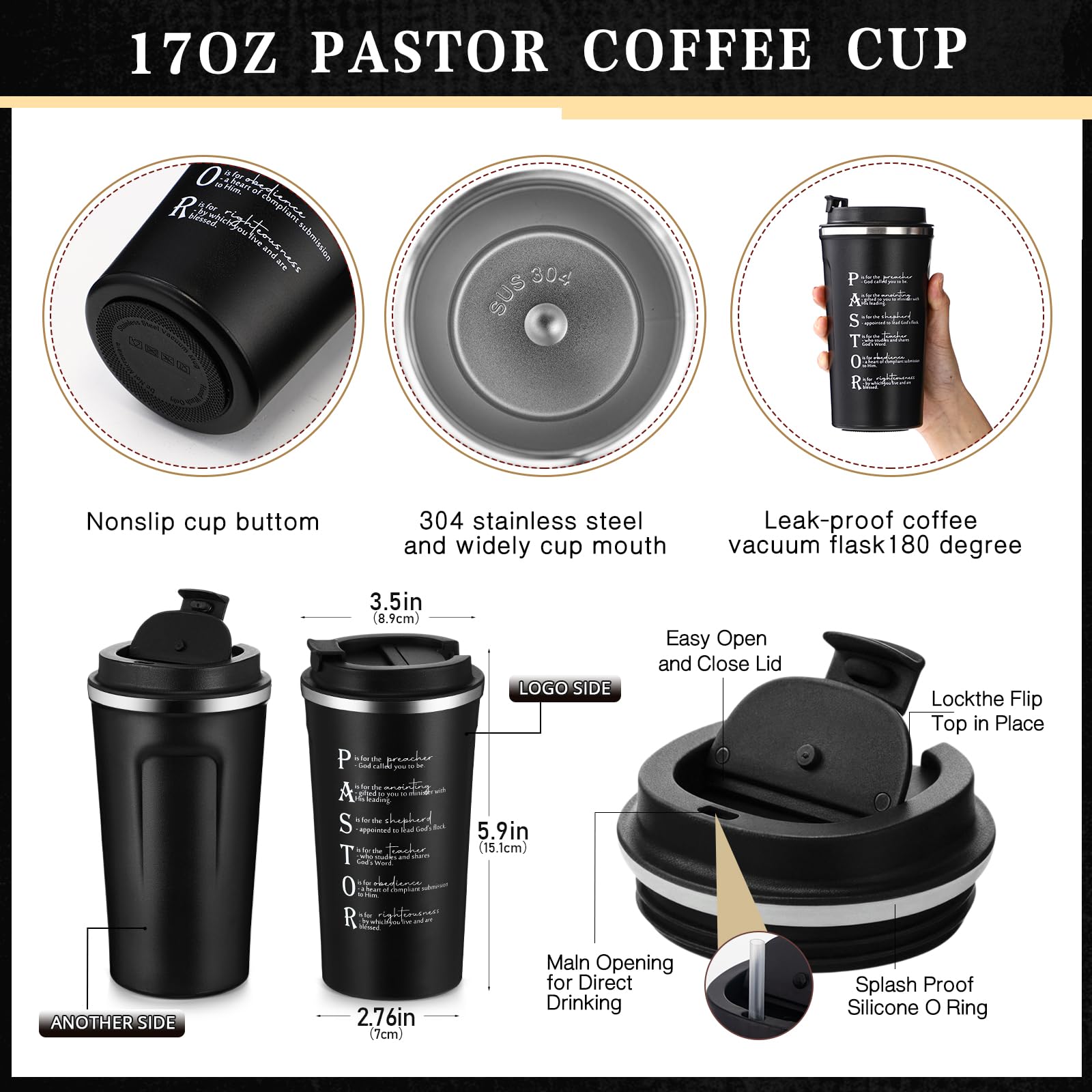 Roshtia 3 Pcs Pastor Appreciation Gift for Men Christian Ordination Gift Ministers Religious Inspirational 17oz Stainless Steel Tumbler with Lid Leather Toiletry Bag Keychain for Fathers Dad Husband