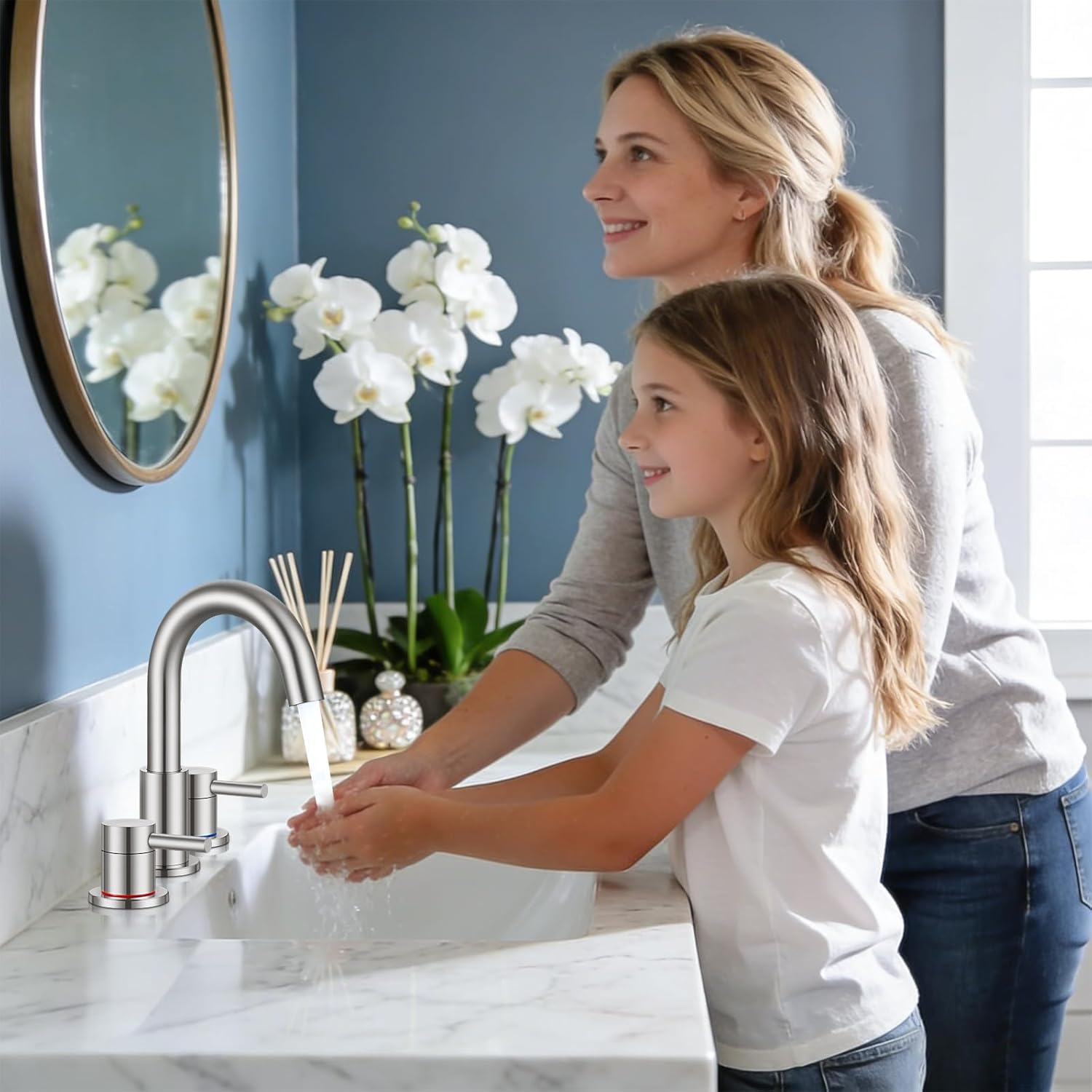 FGKQ Brushed Nickel Bathroom Faucet 3 Hole, 8 inch Widespread Bathroom Faucets for Sink 3 Hole Brushed Nickel with Pop-Up Drain Water Supply Lines