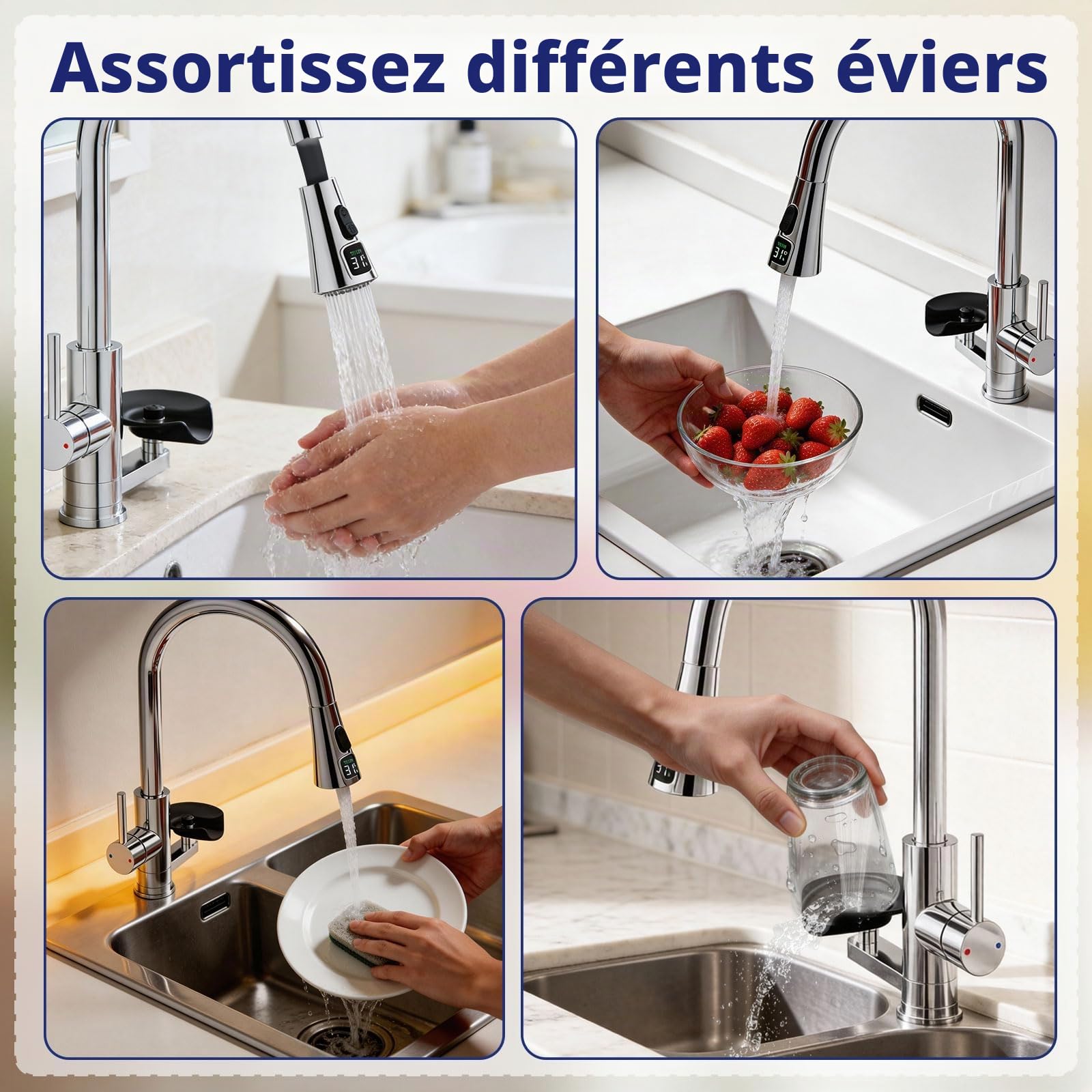 Robinet de Cuisine avec Lave-Verres, Mitigeur Cuisine Douchette Extensible 3 Modes, Affichage LED de la température de l'eau, 360°, Rotatif Acier Inoxydable 304 Brossé, Robinet Évier Multifonction
