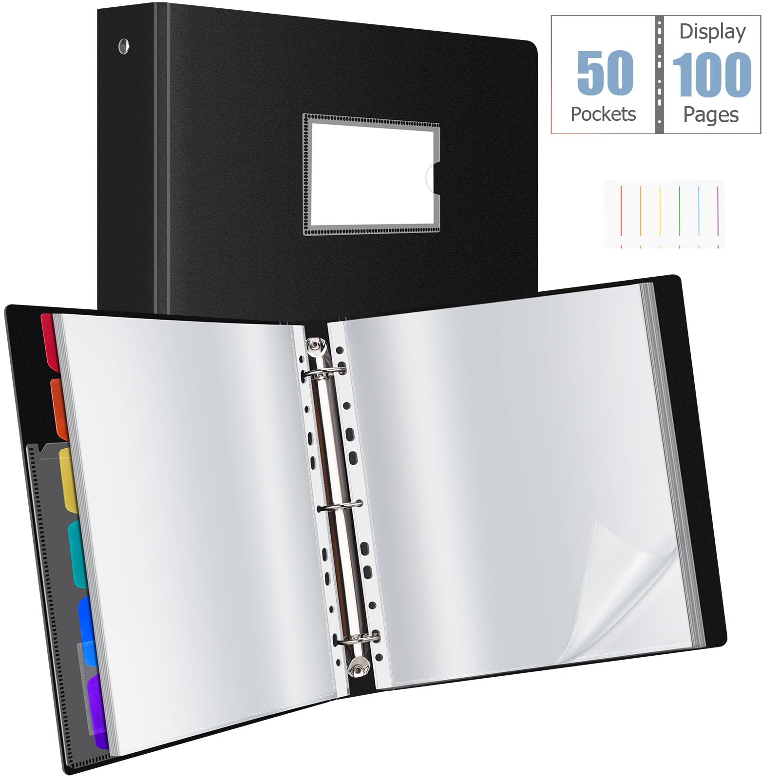 Uquelic Classeur A4 Anneaux avec 50 Pochette Plastique et 6 Pages Intercalaires Colorées, Classeur à Pochettes en Plastique pour Documents, Certificats, Reçus, Noir
