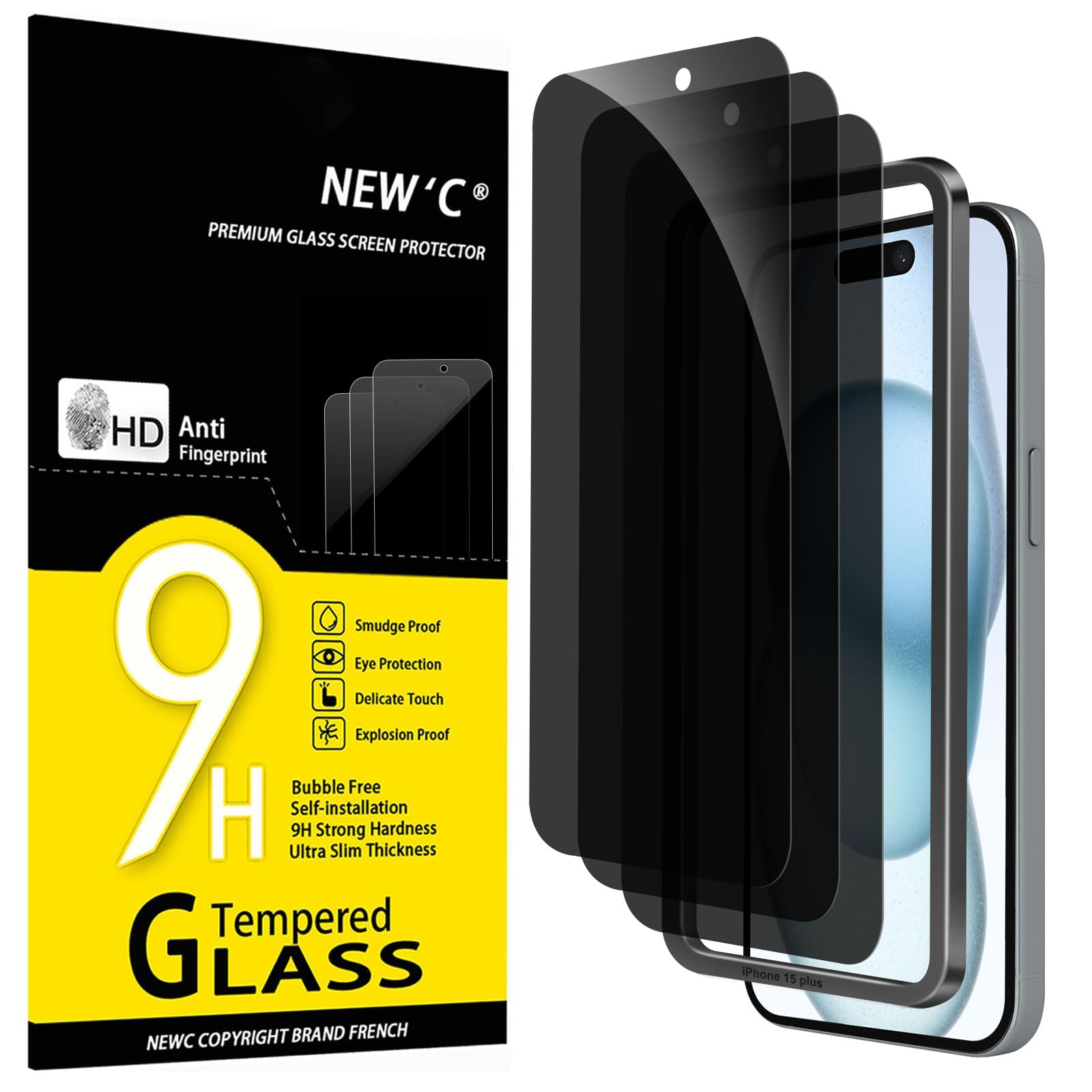 NEW'C 3 Pack Privacy for iPhone 16 Plus,15 Plus Screen Protector (6.7 inches), Anti-Spy Tempered Glass Film,Enhanced 28-Degree Privacy Angle with easy installation tool included
