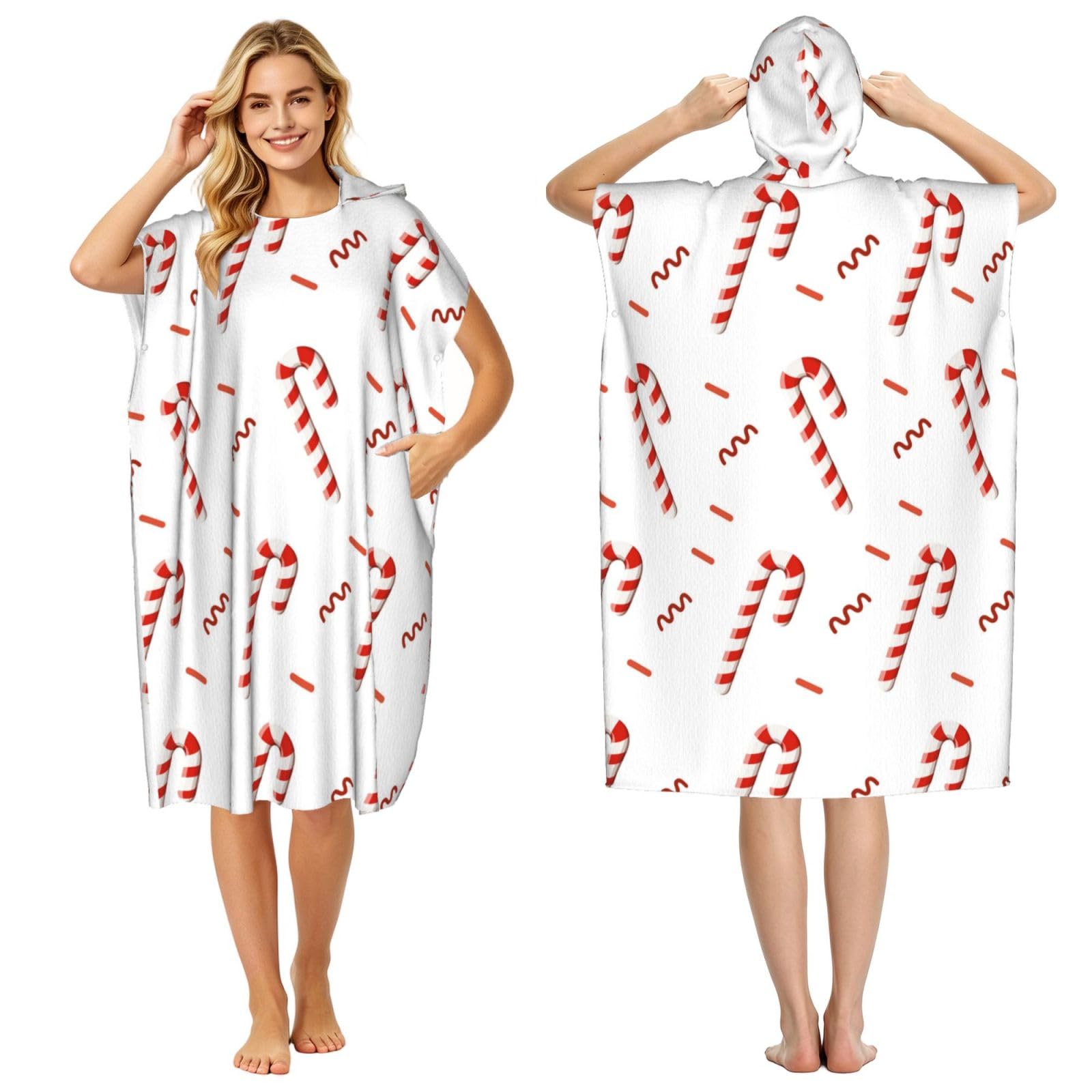 Poadnly Candy Cane, Adult Hooded Beach Towel 90 x 110 cm,Changing Bath Robe, Surf Poncho Towel For Women Men