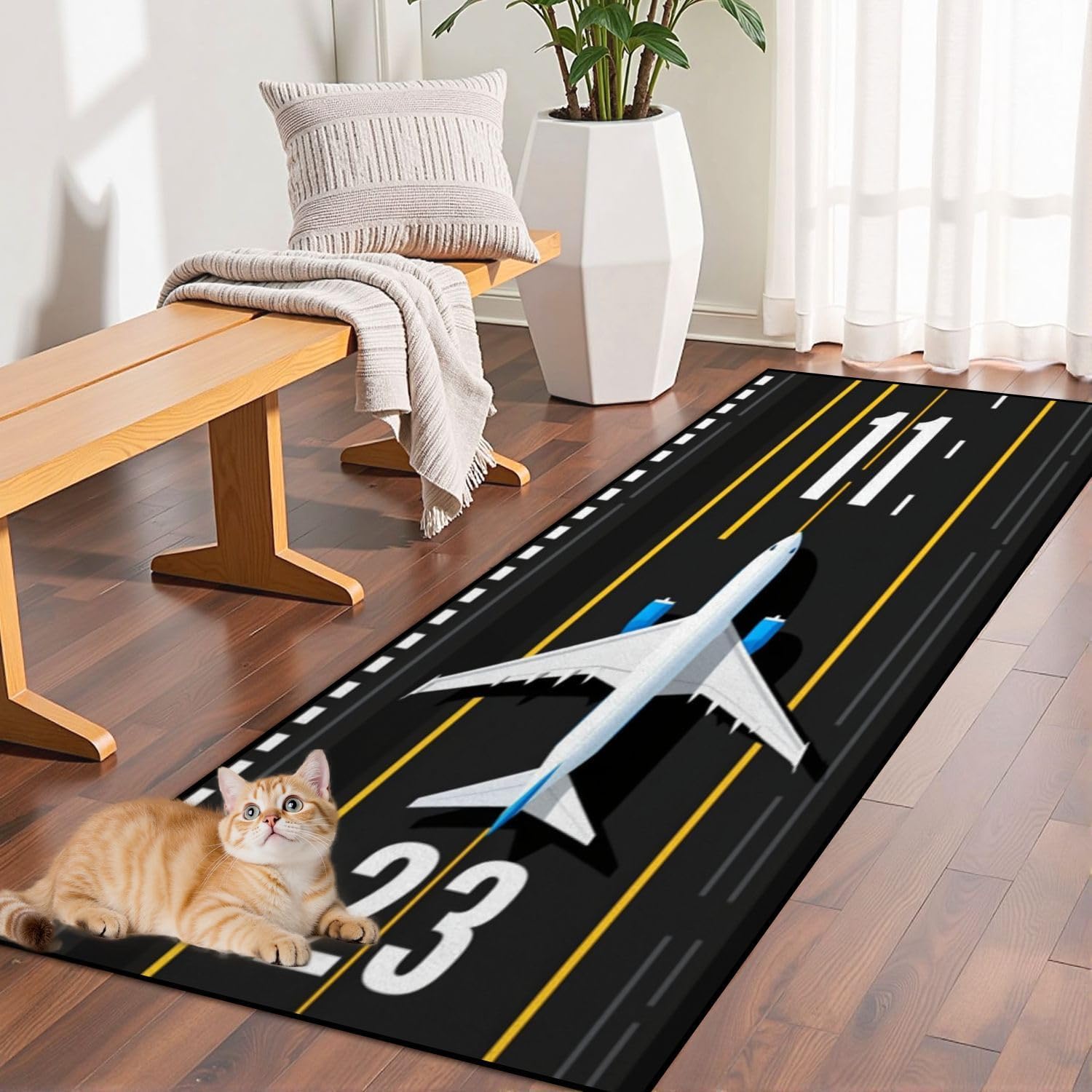 Kuluoits Airplane Hallway Runner Rug, 60x120cm Black and White Long Runway Carpet Aviation Airport Airplane Runway Area Rugs for Classroom Play Mat, Non-Slip Short Pile Carpet for Bedroom Bedside