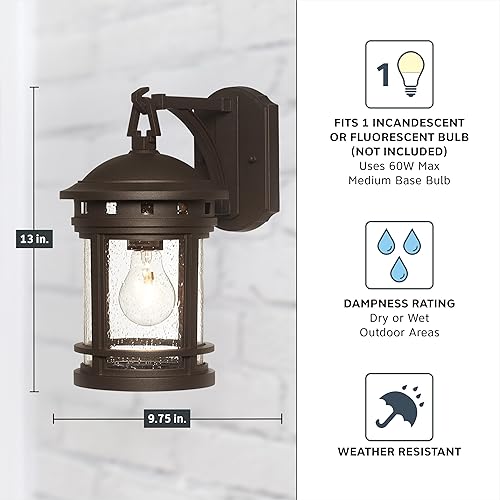 Miniatura 4 de DESIGNERS FOUNTAIN Sedona 2371-ORB - Lámpara de pared de 13 pulgadas, luces de porche de vidrio semillero para puerta delantera, patio y garaje,