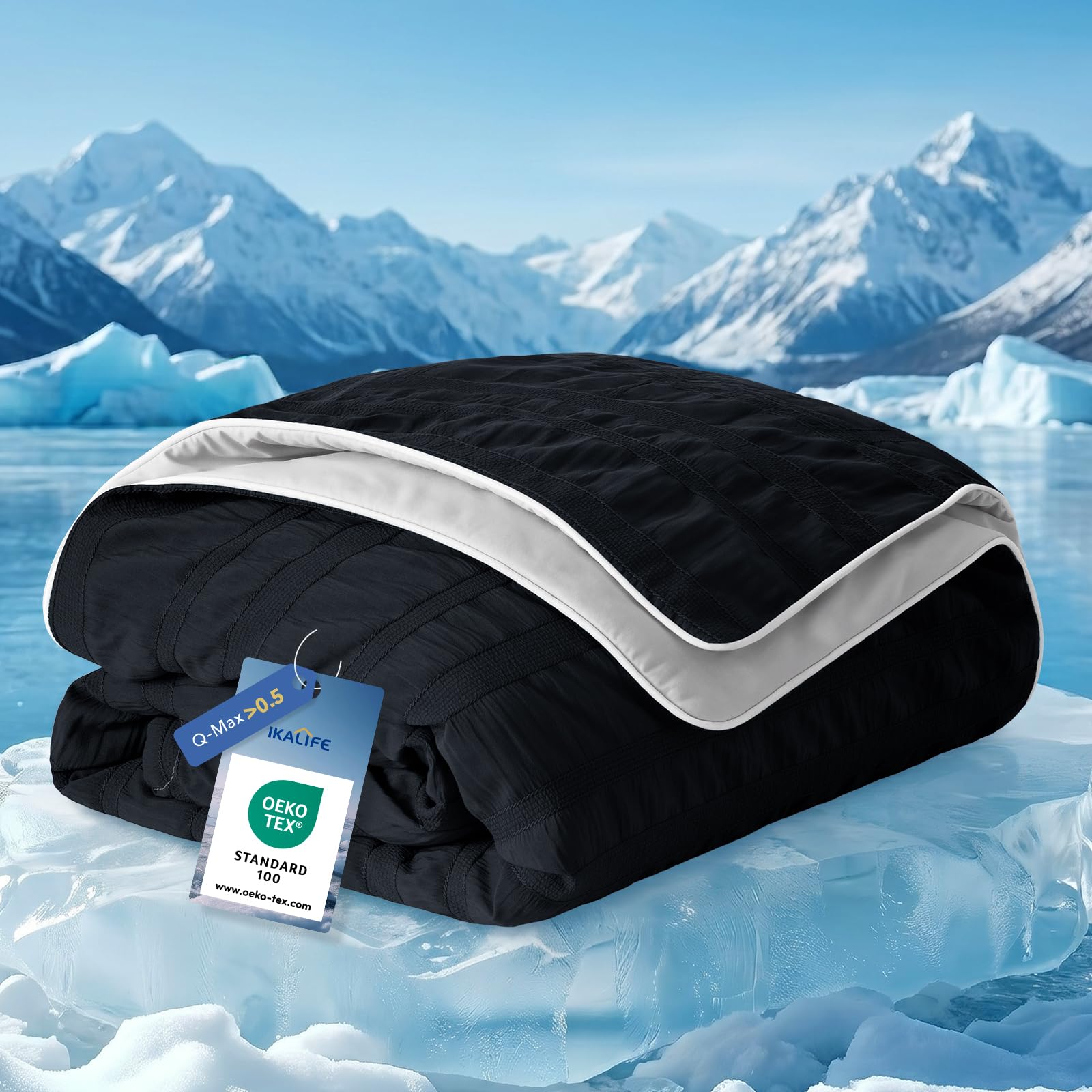 IKALIFE Seersucker Cooling Blanket, Q-Max>0.5 Soft Lightweight Cool Blanket for Hot Sleepers, Double-Sided Design Summer Breathable Cooling Comforter, Cool Comforter for Sleeping, 200x220cm, Black