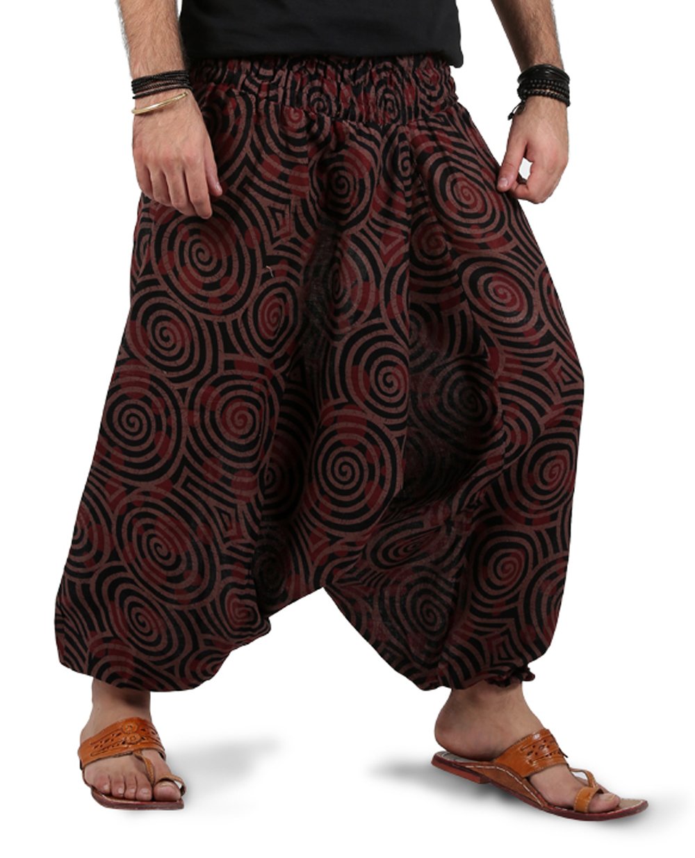 Mens Womens Boho Hippie Cotton Harem Pants - 2 Pcokets - Elastic Waist - Spiral Design