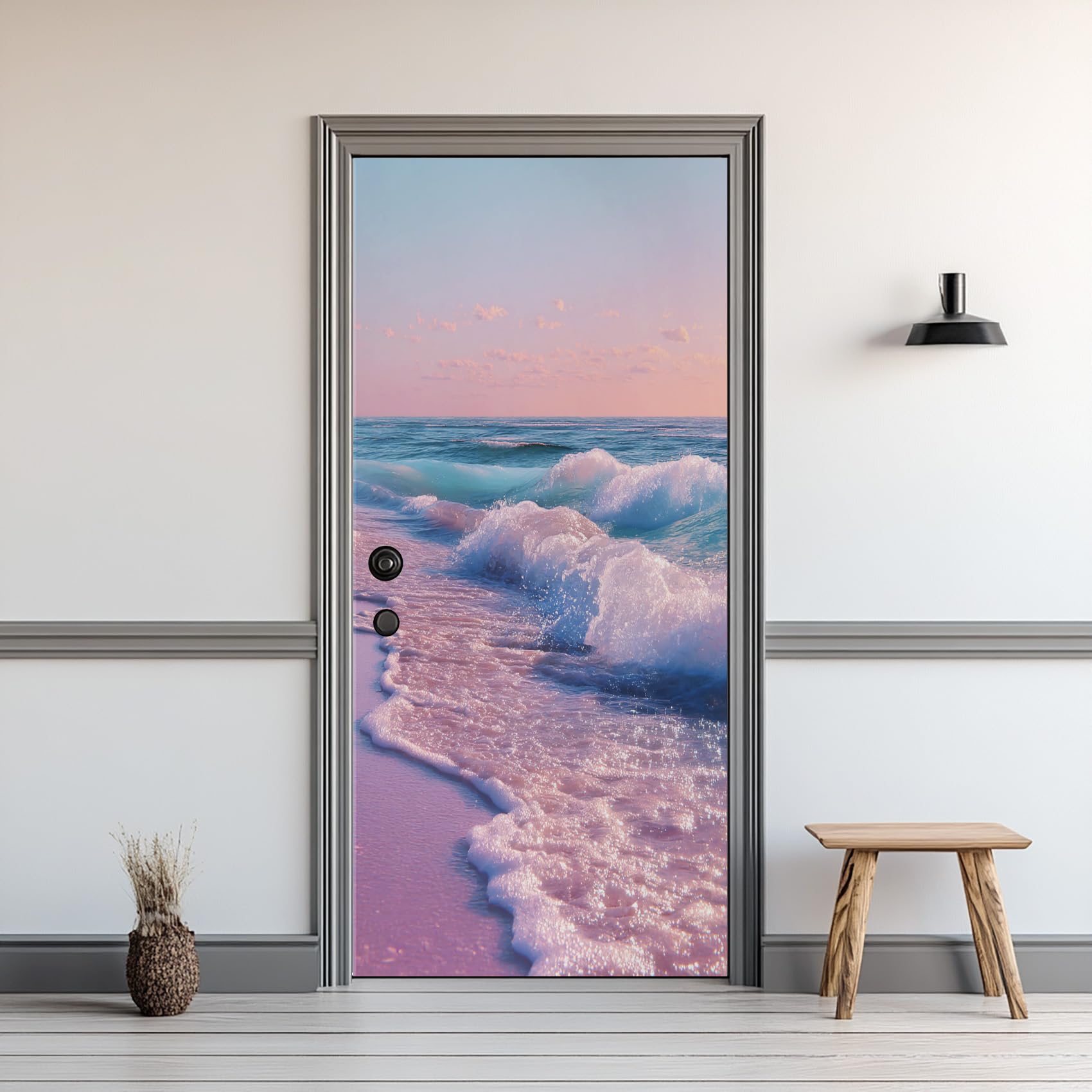 Wave Door Murals, Tropical Beach Door Stickers Interior Wall Mural, Seaside Seascape Wallpaper Self Adhesive Vinyl Door Decals, for Living Room Bedroom Bathroom Decor, 90x200 cm