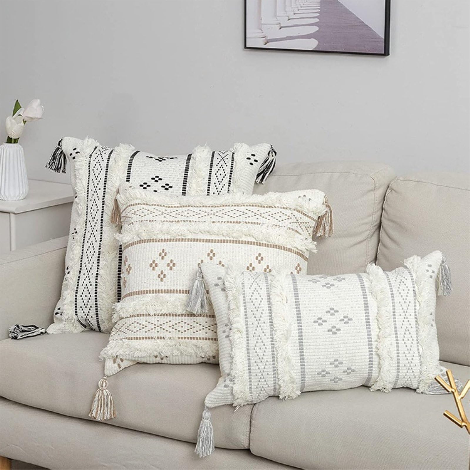 Fodera per Cuscino Boho Intrecciato macramè Home Decor Cuscini Comfort Trapuntati con Nappe,Nero,45 x 45 cm