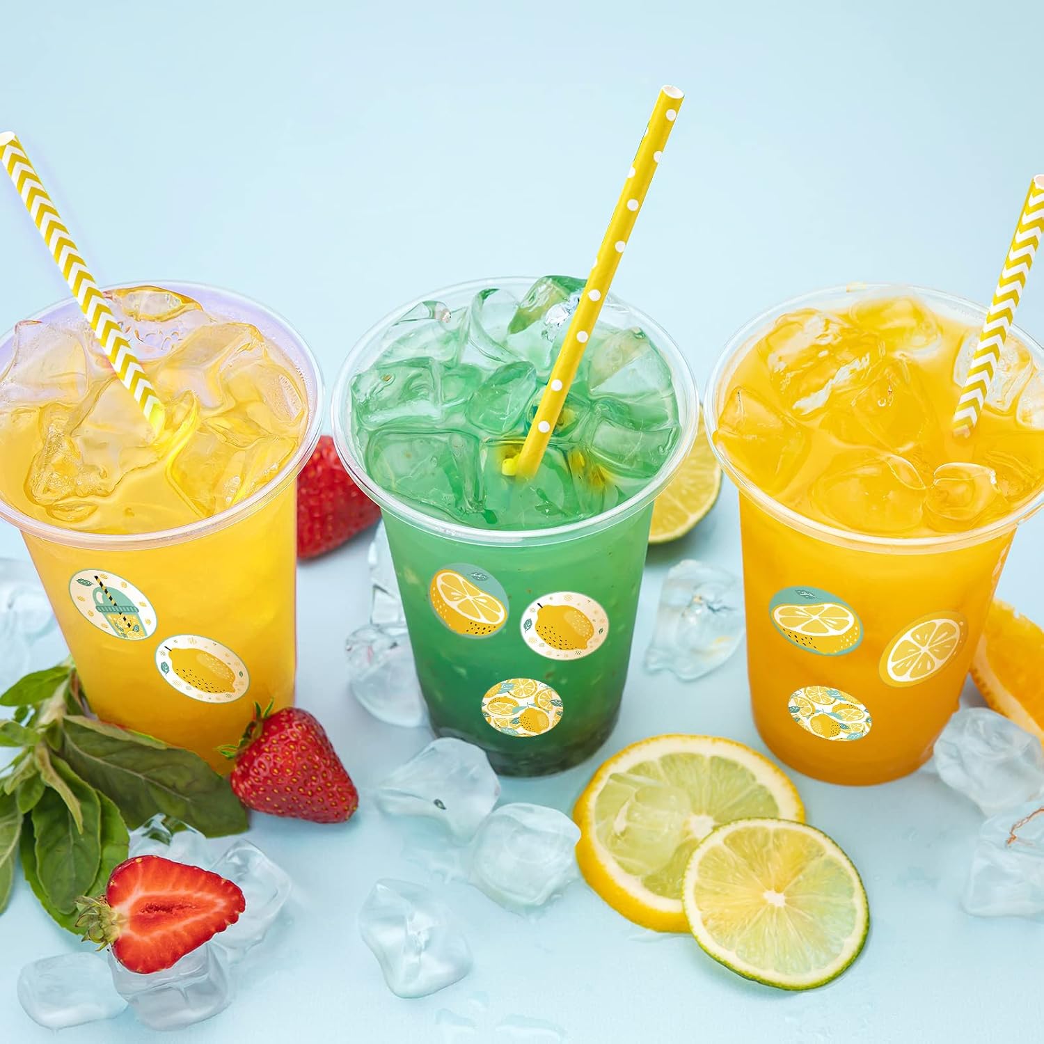 Meanplan 50 Pcs Lemon Disposable Plastic Cups with Lids and Straws 16 oz Yellow Lemon Cups Clear Plastic Cups Drinking Cups for Cold Hot Beverage Birthday Shower Party