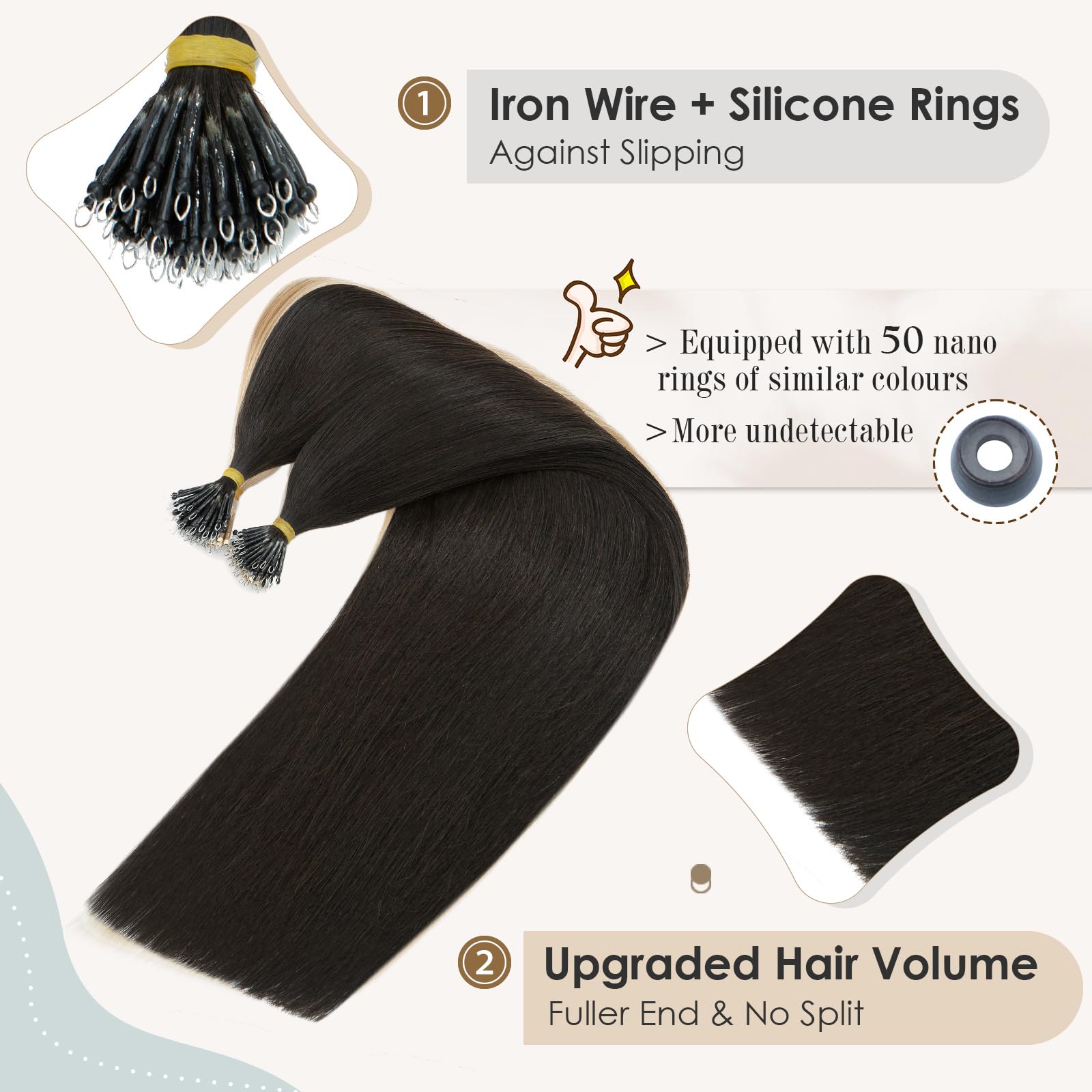Elailite Nano Beads Hair Extensions Real Human Hair 50 Strands 50g Nano Rings Nano Tip Cold Fusion Remy Hair Straight (#1B Natural Black - Image 3