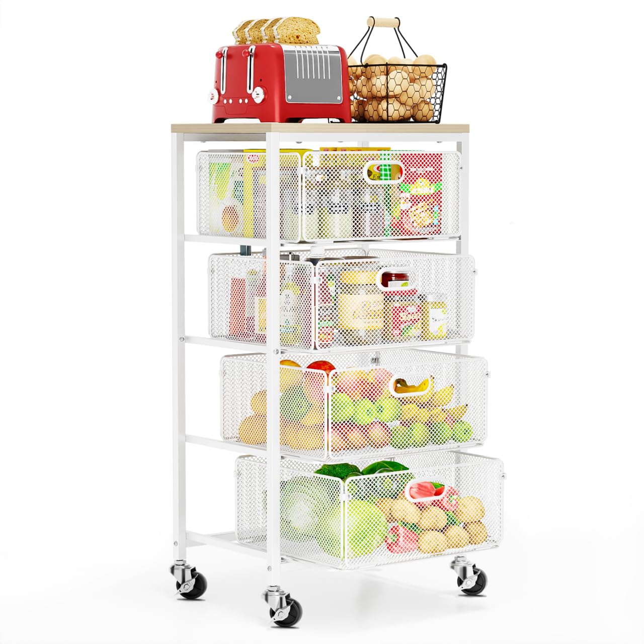 Photo 1 of ***FACTORY SEALED***Goovilla Kitchen Cart with Drawers, 4 Tier Metal Rolling Utility Cart Organizer on Lockable Wheels with Wooden Top, White Fruit Vegetable Storage Rack Also for Cans, Snack, Craft, Art, Office, Beauty