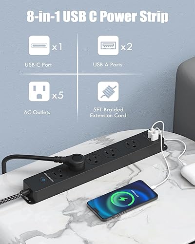 Miniatura 2 de Regleta protectora de sobretensiones con puertos USB C, cable de extensión trenzado de 5 pies, 5 salidas y 3 puertos USB (1 USB C), regletas de
