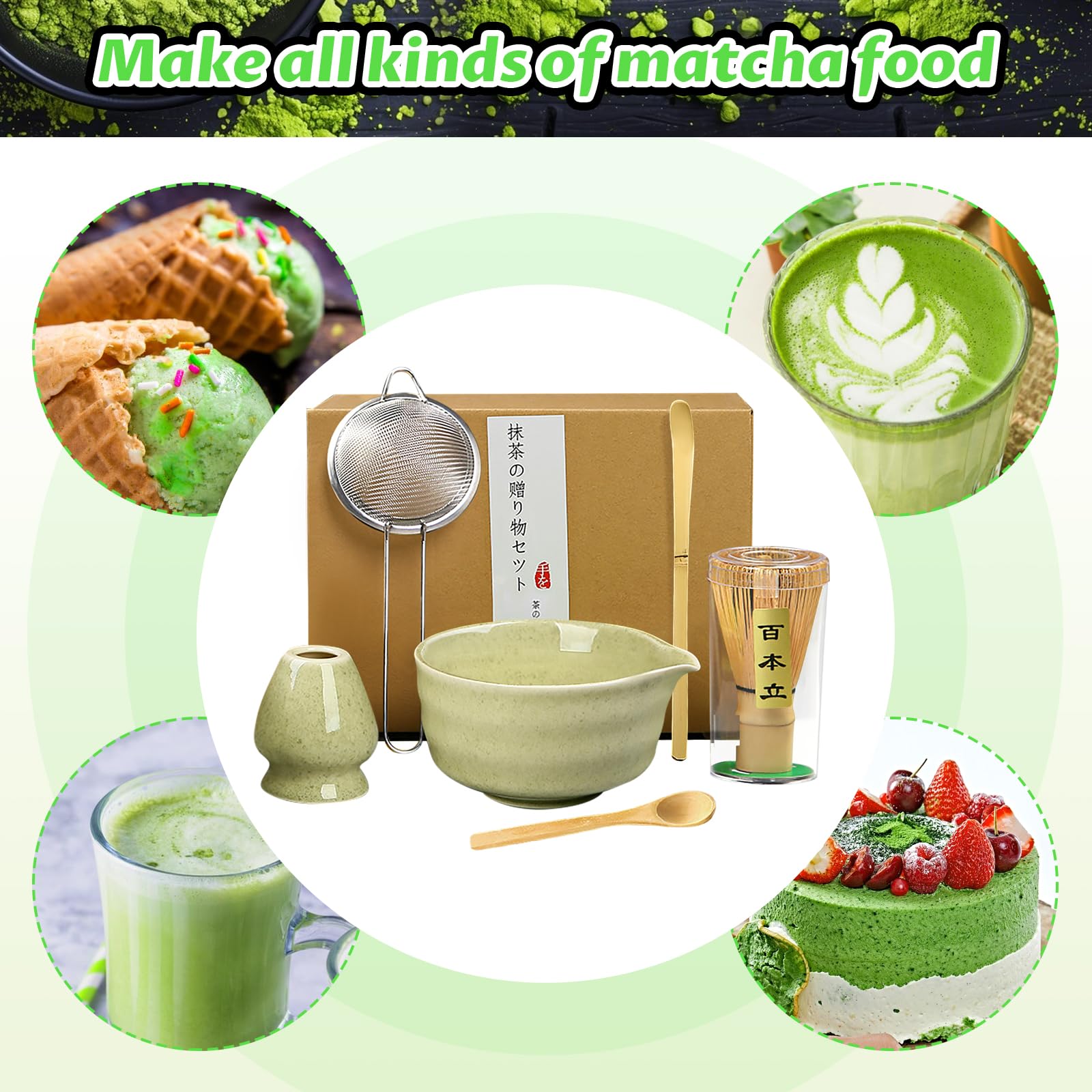Matcha kit 6 Pezzi - Set di Matcha per Cerimonia Giapponese - Set Accessori Cerimonia Tè Matcha,Portafrusta, ideale per la cerimonia del tè o come regalo （Matcha verde）