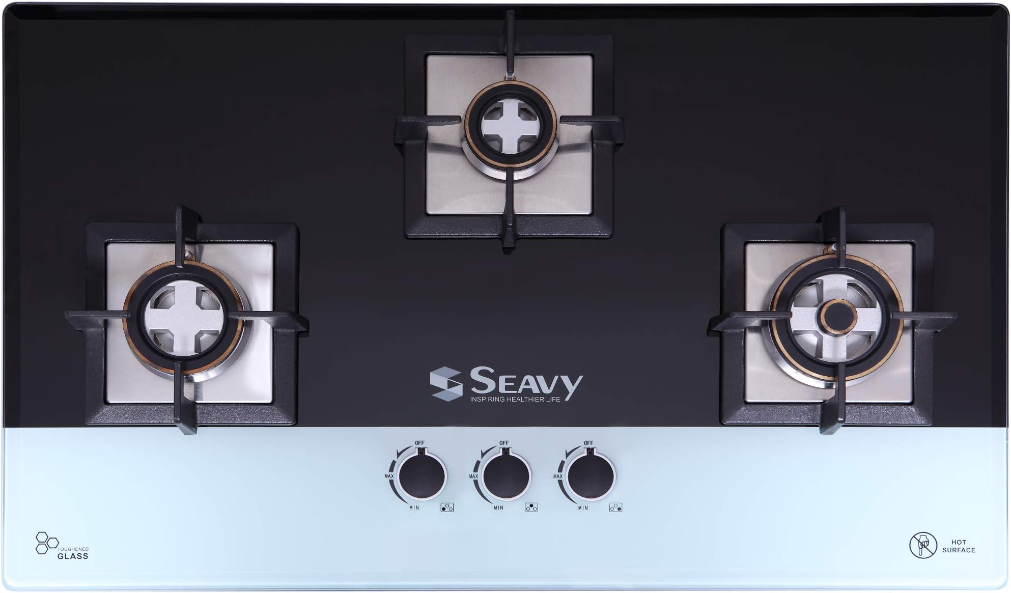 Seavy 3 Brass Burner Built in Hob/Hob Top with Toughened Glass, Auto Ignition (Benz 3BRN - Black&White)