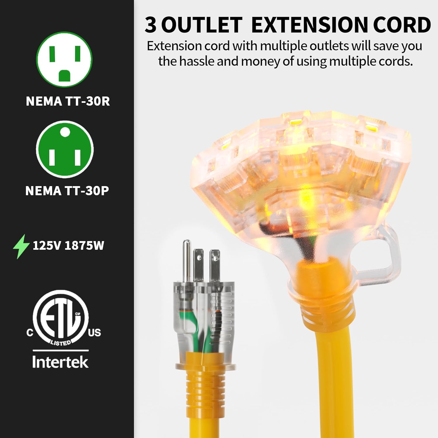 POWGRN 3 FT 2 Pack 12/3 Gauge Extension Cord with Multiple Outlets Outdoor, 3 Outlet Extension Cord Heavy Duty Yellow with Lighted, Tri-Tap Power Cable, 12AWG 15Amp 1875Watts 125Volts SJTW, ETL Listed