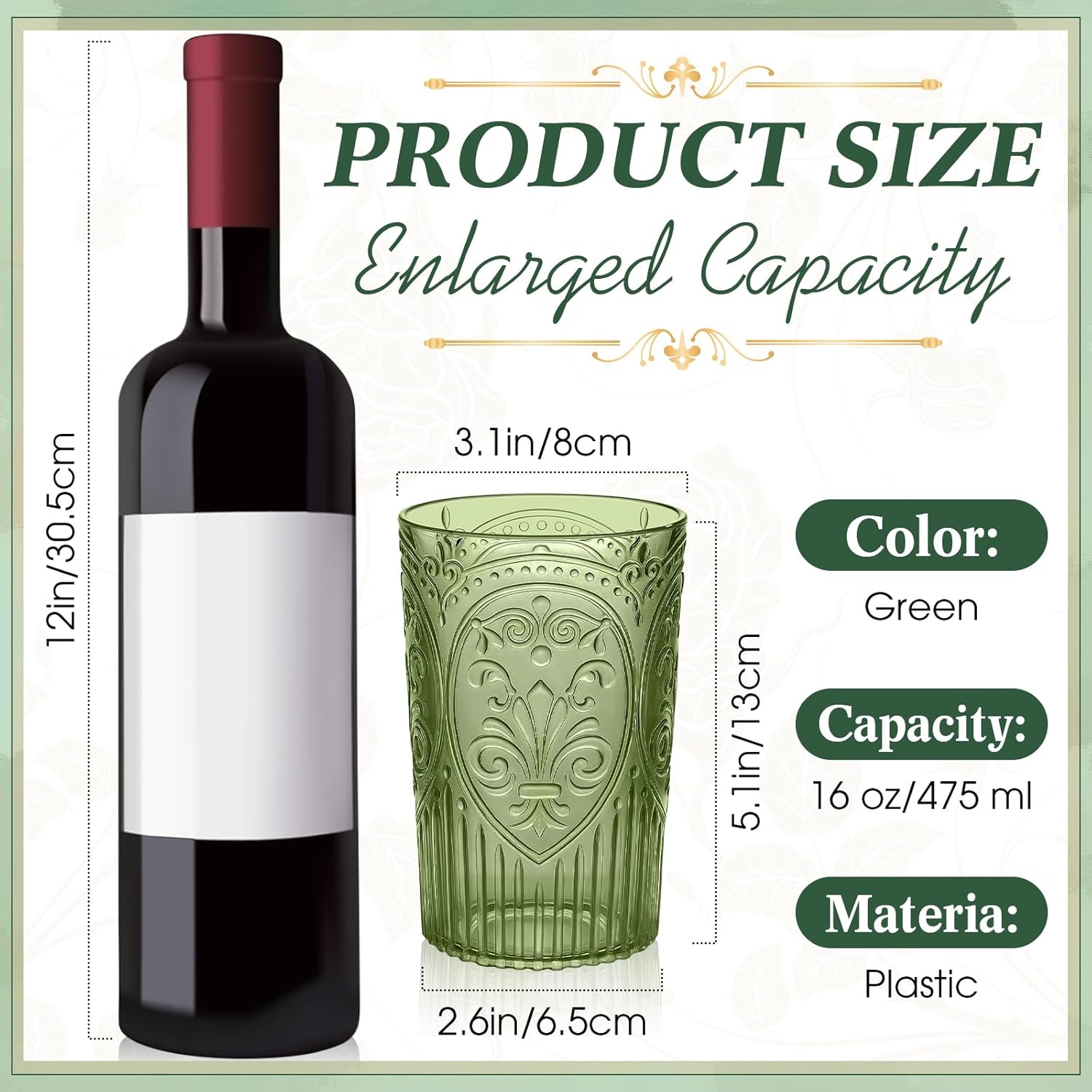 Plastic Vintage Drinking Glasses - 16 oz Stemless Ribbed Highball Glasses Bulk Embossed Reusable Cups for Water Beer Cocktails Juice Wedding Bridal Shower Birthday Event Party(Green,48 Pcs)