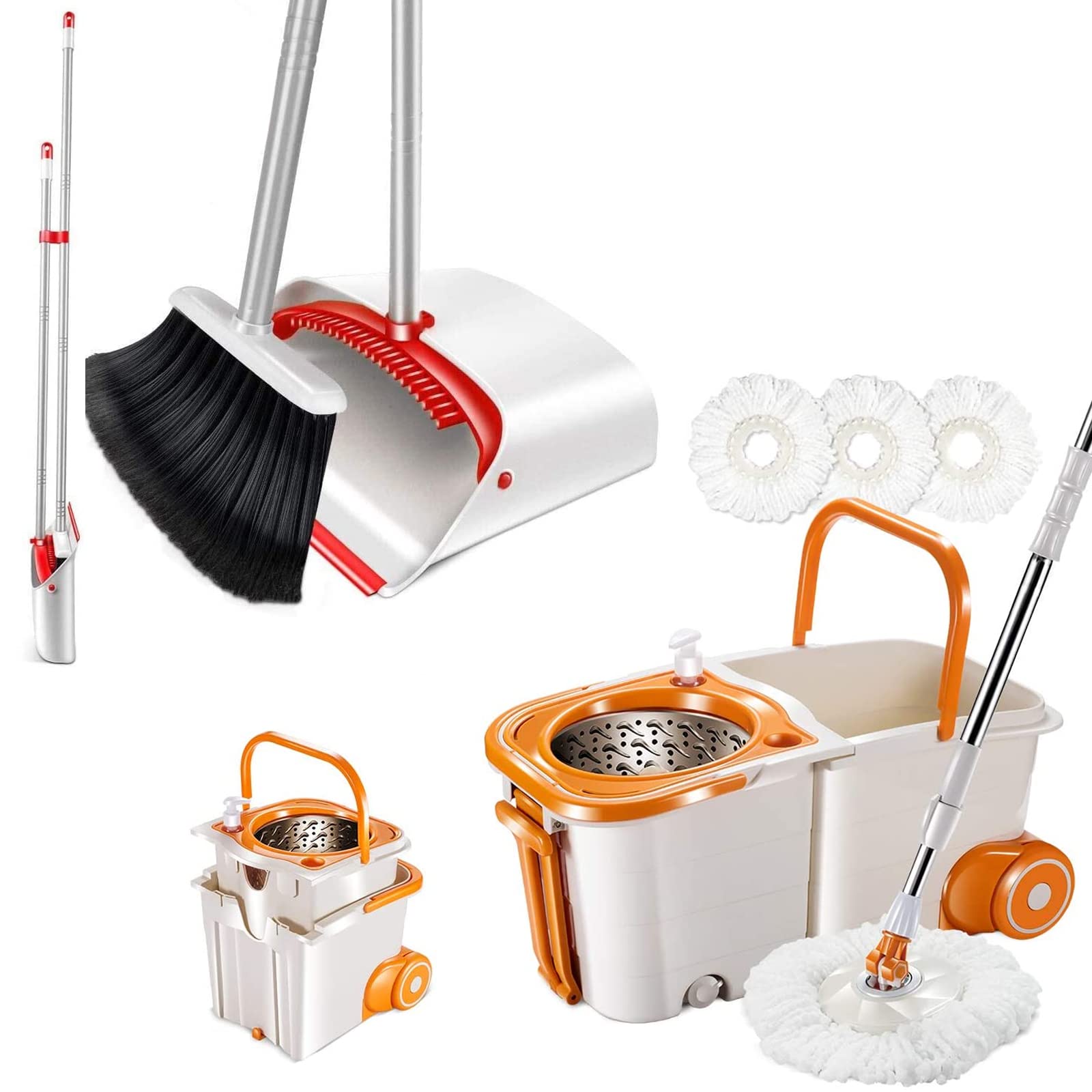 MasthomeSpin Mop and Bucket with Wringer Set & Broom and Dustpan Set, Microfiber Mop and Bucket Floor Cleaning System with 4 Reusable Mop Heads, Upright Dustpan and Broom Combo for Home Kitchen Room