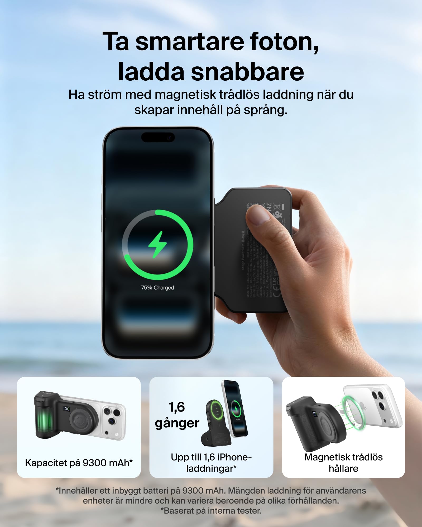 Belkin Stage PowerGrip Magnetyczny Uchwyt do Aparatu, 9300 mAh – Czarny | Powerbank Bezprzewodowy 9300 mAh, 15 W, Port USB-C, Kabel w Zestawie, Przycisk Migawki Bluetooth, Podstawka, Naładowany