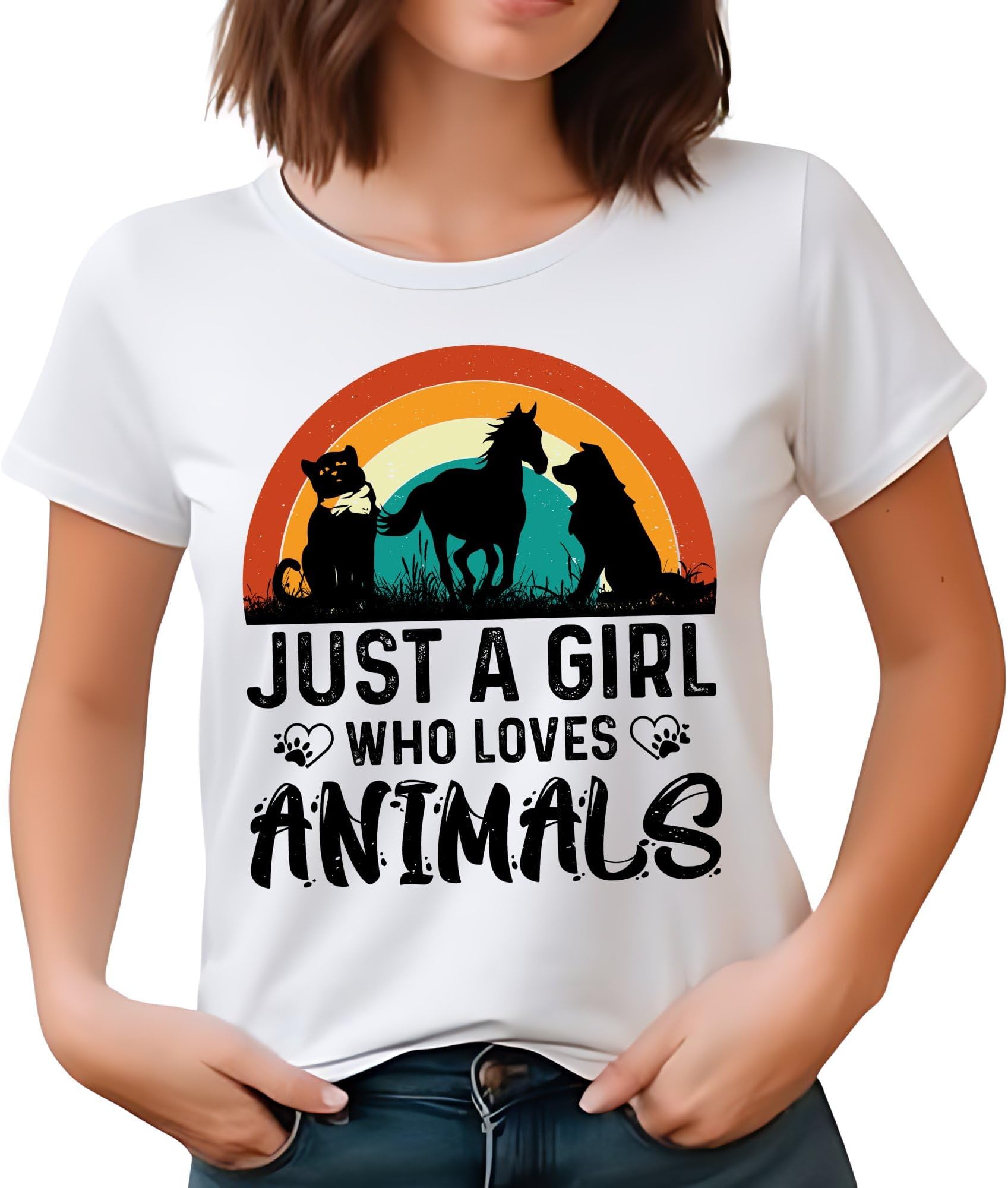 Just A Girl Who Loves Animals T-Shirt, Vintage Retro Style Cat Dog Horse Tee, Animal Lover Gift, Casual Graphic Shirt for Women