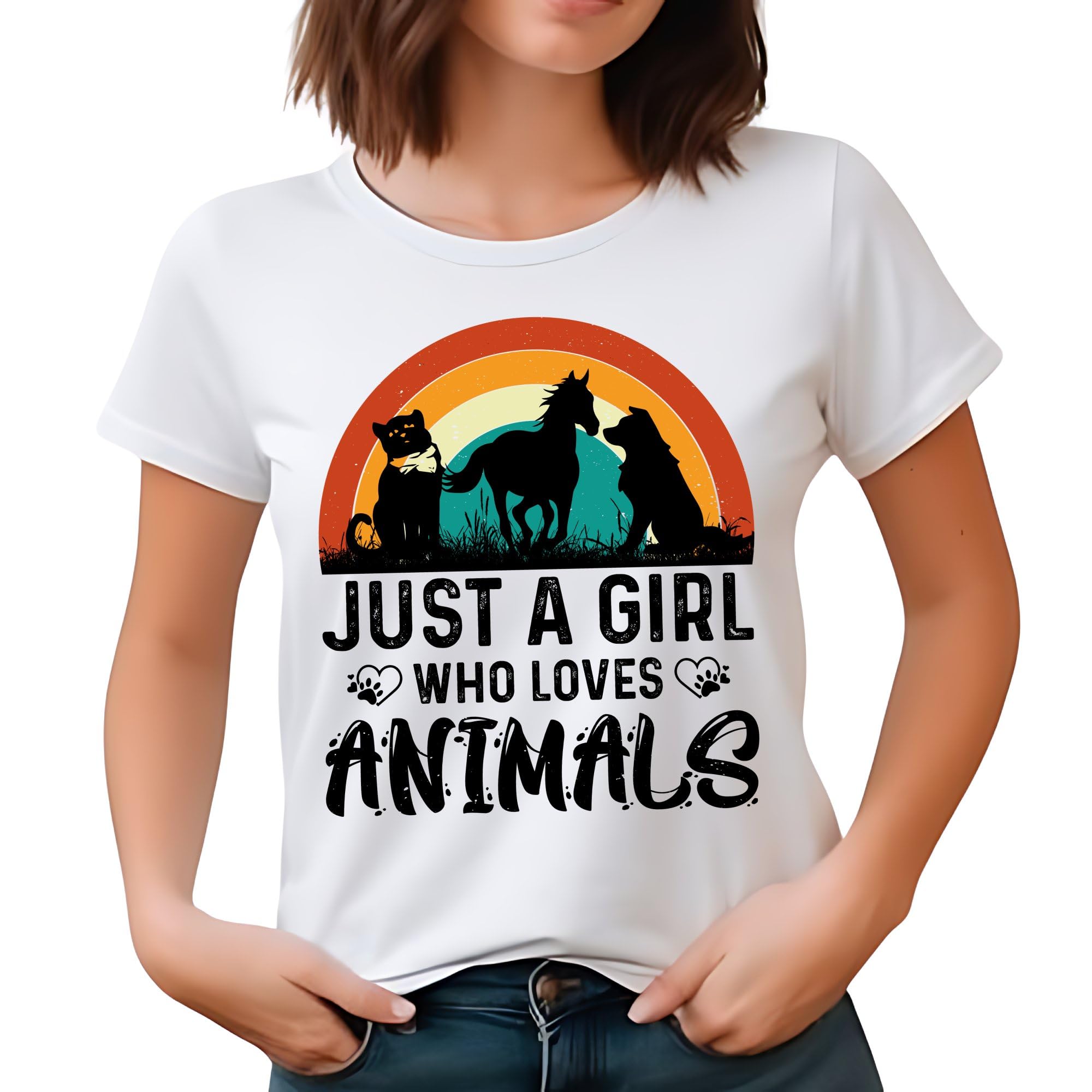 Just A Girl Who Loves Animals T-Shirt, Vintage Retro Style Cat Dog Horse Tee, Animal Lover Gift, Casual Graphic Shirt for Women