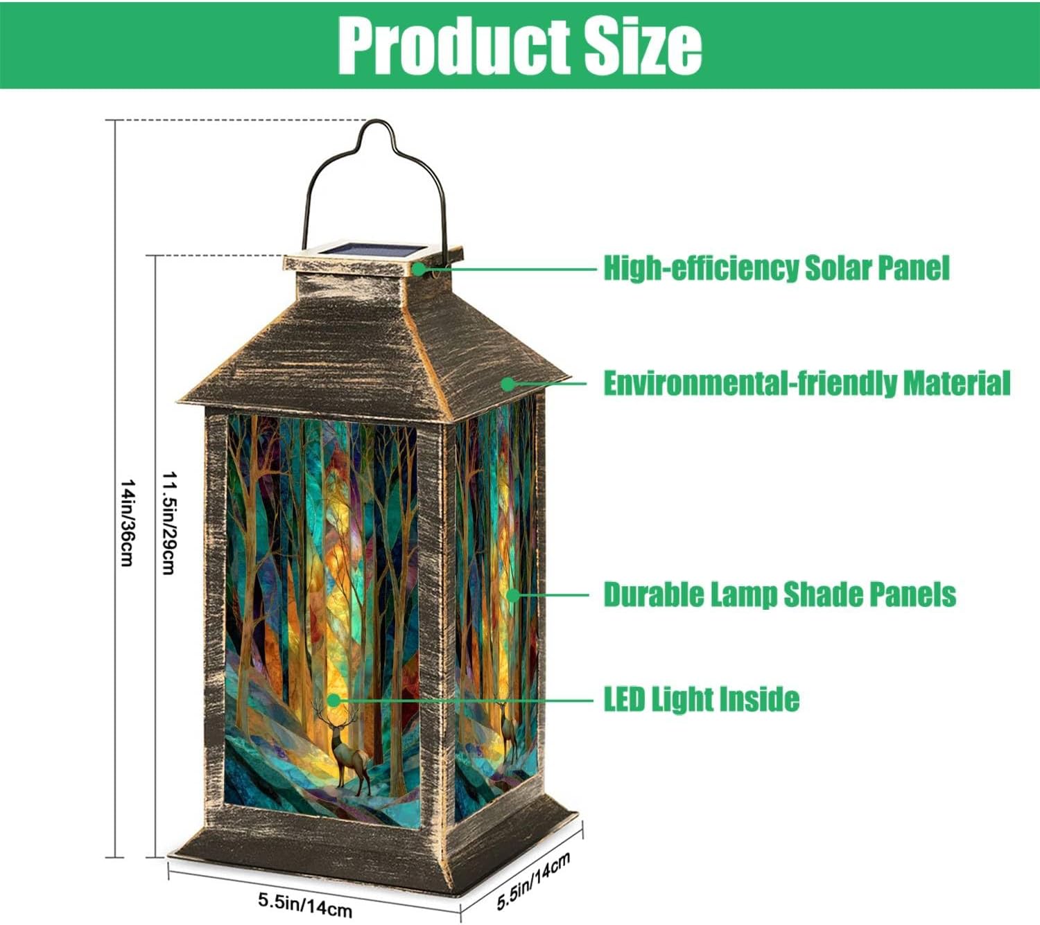 Solar Lantern Deer Kaleidoscope Eucalyptus Forest Stained Glass Trees Elk Outdoor Garden Hanging Lantern Waterproof Solar Powered Lighting Outside Table Lamp for Deck Yard Camping Patio Decor