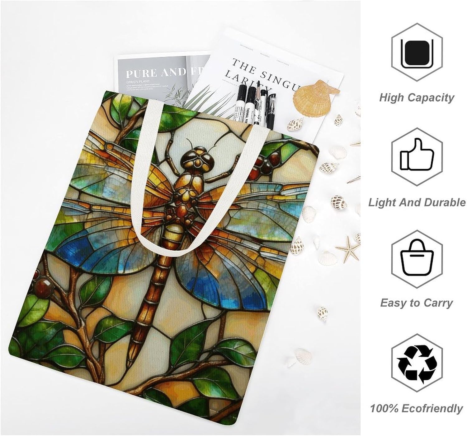Dragonfly Plant Canvas Tote Bag Reusable Grocery Bags Foldable Soft Cotton Shoulder Carry Bag