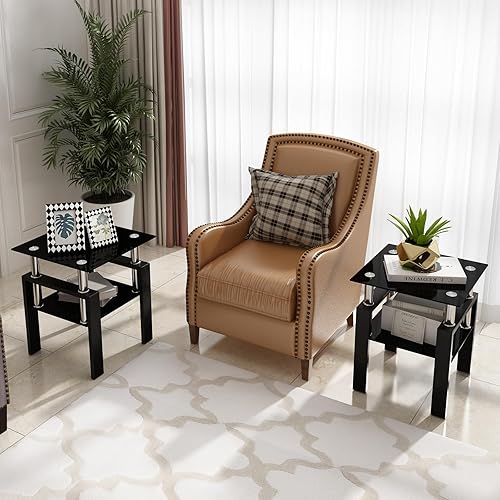 Miniatura 2 de Meihua Mesa auxiliar de cristal, mesa auxiliar cuadrada de cristal, mesita de noche moderna de 2 niveles con patas de metal para sala de estar y