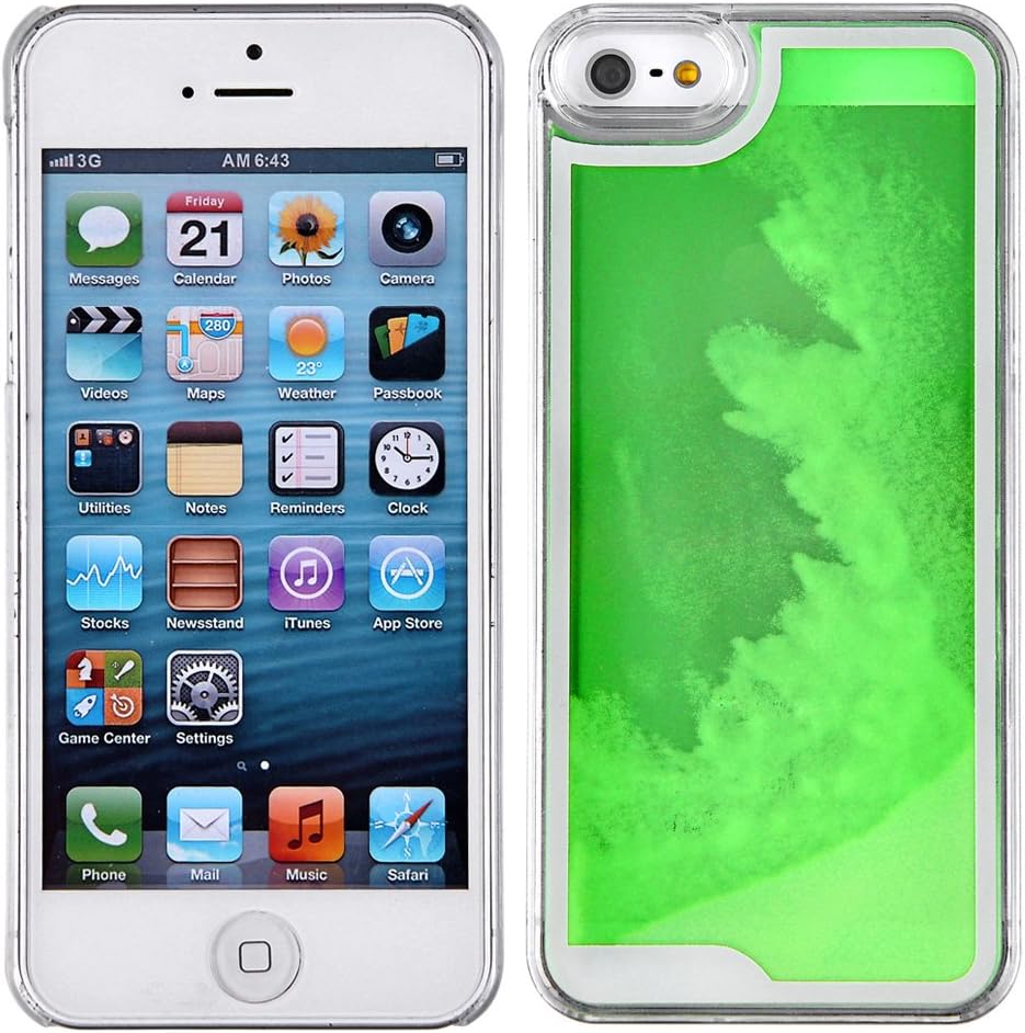 Fluorescent iPhone 5 5S Case-Yerwal Glow in the Dark Fluoresent Quicksand Liquid Hard Case Clear Cover For iPhone 5 5G 5S-Green
