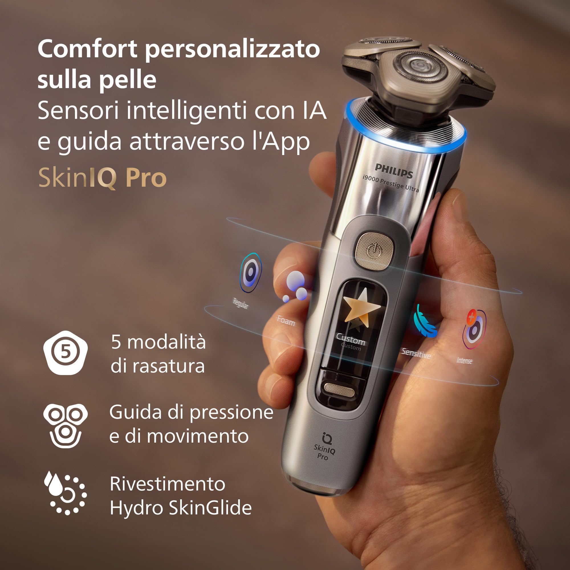Philips Shaver i9000 Prestige Ultra, rasoio elettrico Wet & Dry, tecnologia Skin IQ Pro, triplo sistema di sollevamento e taglio, lame di precisione NanoTech 360º, 5 modalità di rasatura, XP9404/31