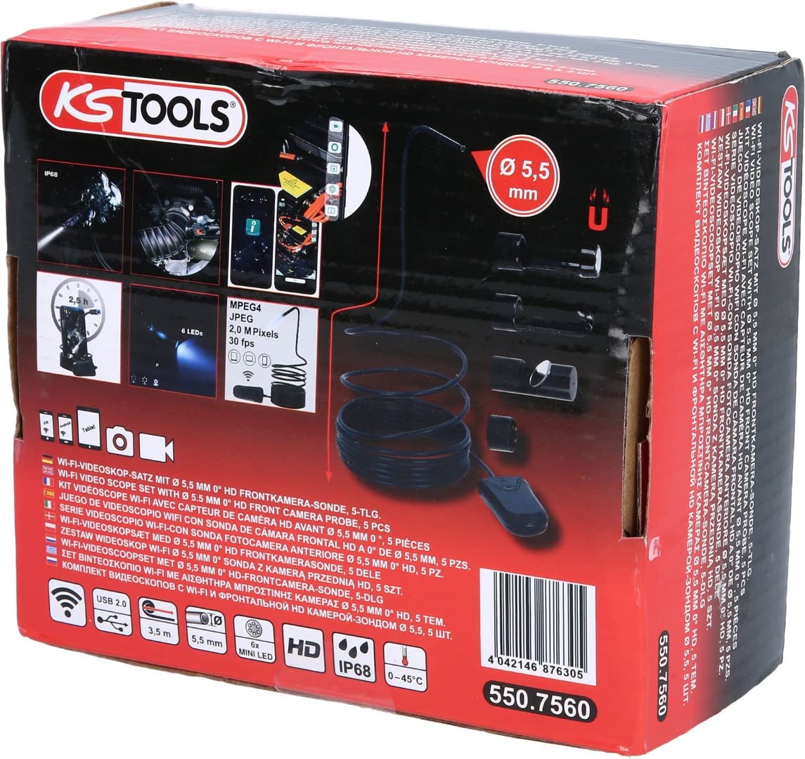 KS Tools 550.7560 Zestaw wideoskop wi-fi Ø 5,5 mm 0° sonda z kamerą przednią HD, 5-szt