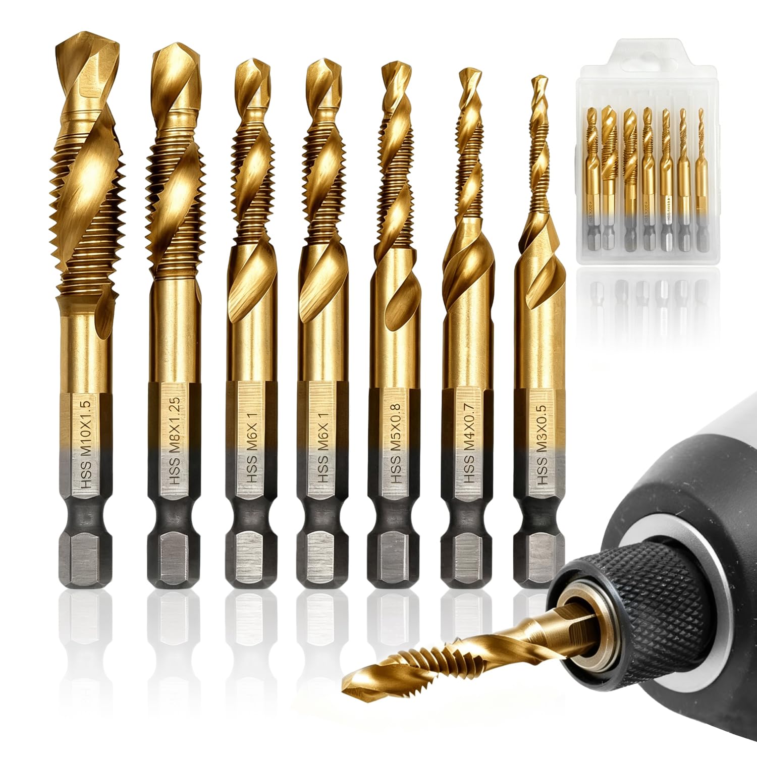 7 Piezas HSS Brocas para Metal Combinadas 2-en-1 Recubierto de Titanio Macho de Roscar con Vástago Hexágono Brocas Metal Taladro y Rosca (M3/M4/M5/M6/M8/M10) Juego de Brocas Combinadas 2 en 1 Apto