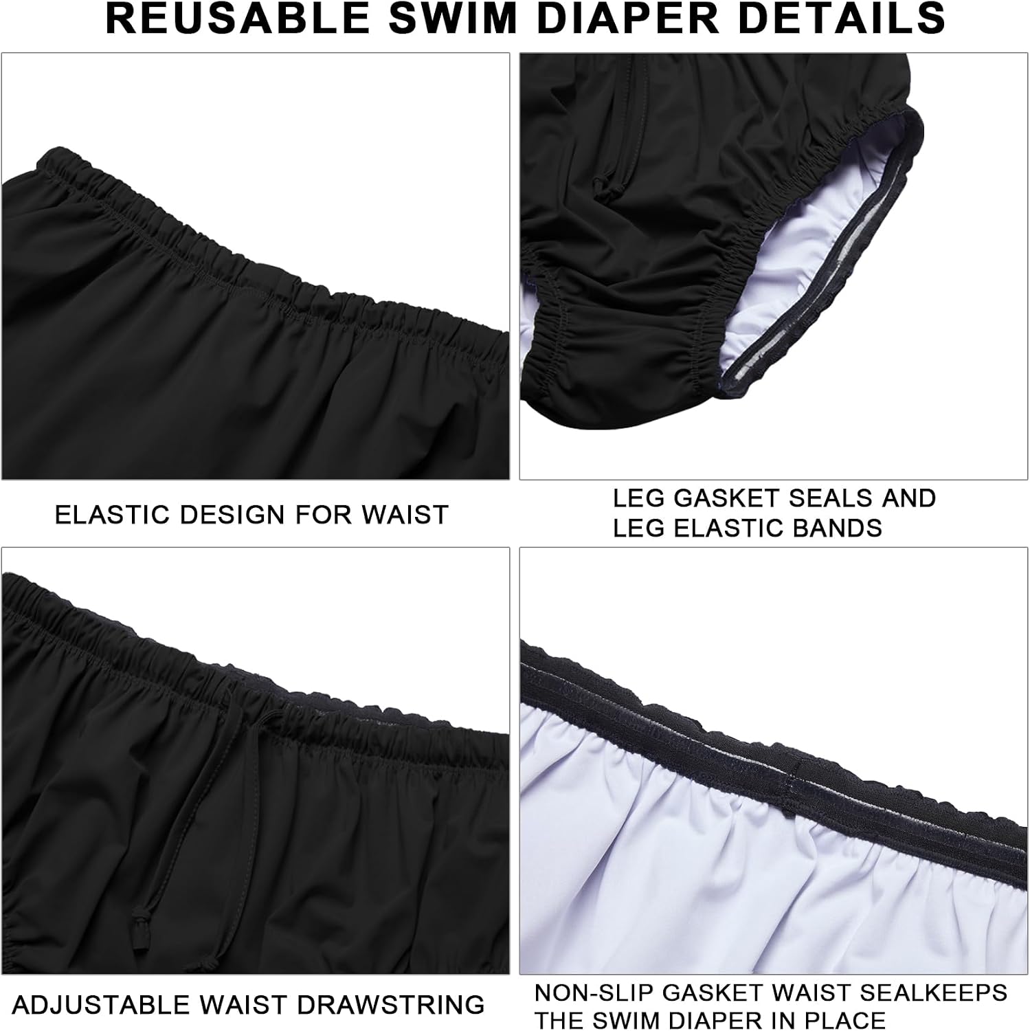 Adults Reusable Swim Diaper for Special Needs Incontinence Swimwear Waterproof Diaper Cover（Black，L）
