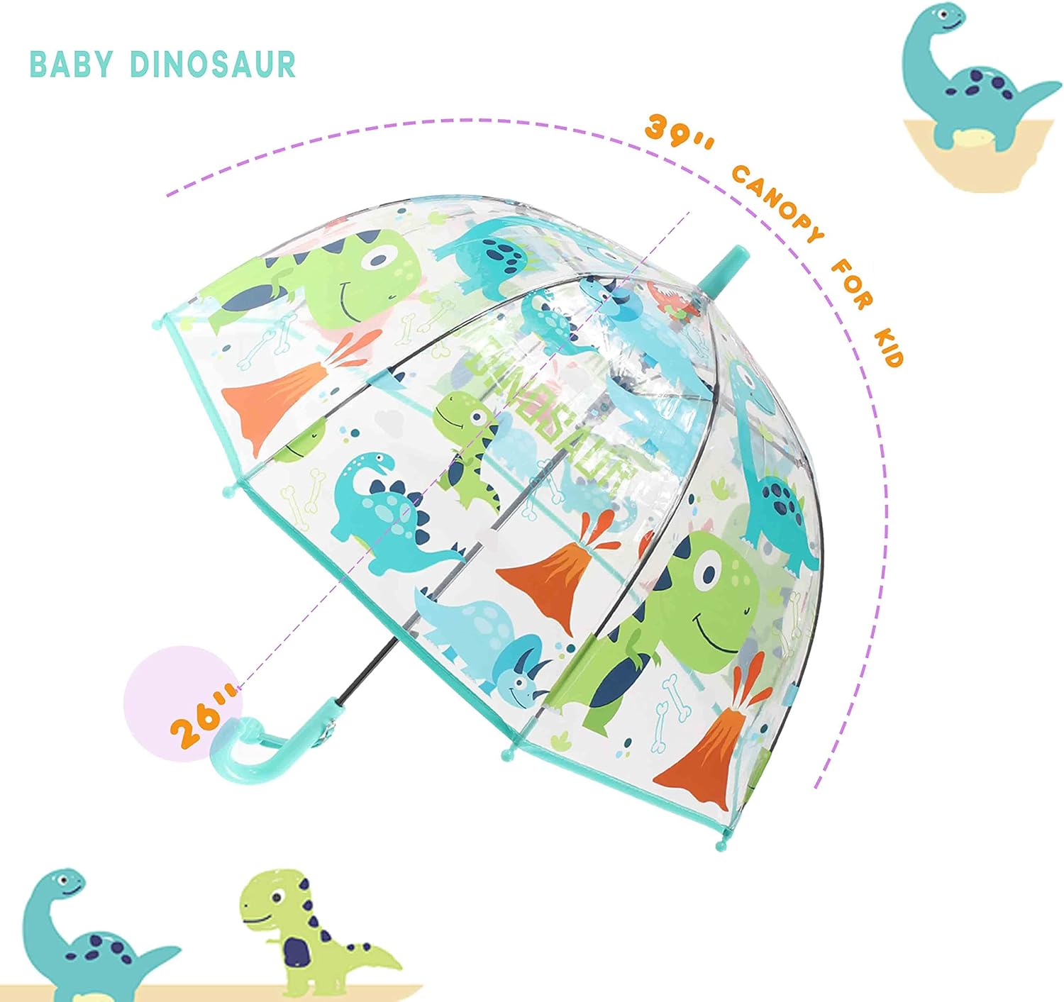 mrtlloa kids clear bubble umbrella with an easy grip curved handle, safety transparent dome bubble umbrella for toddler boys girls tiffany blue dinosaur