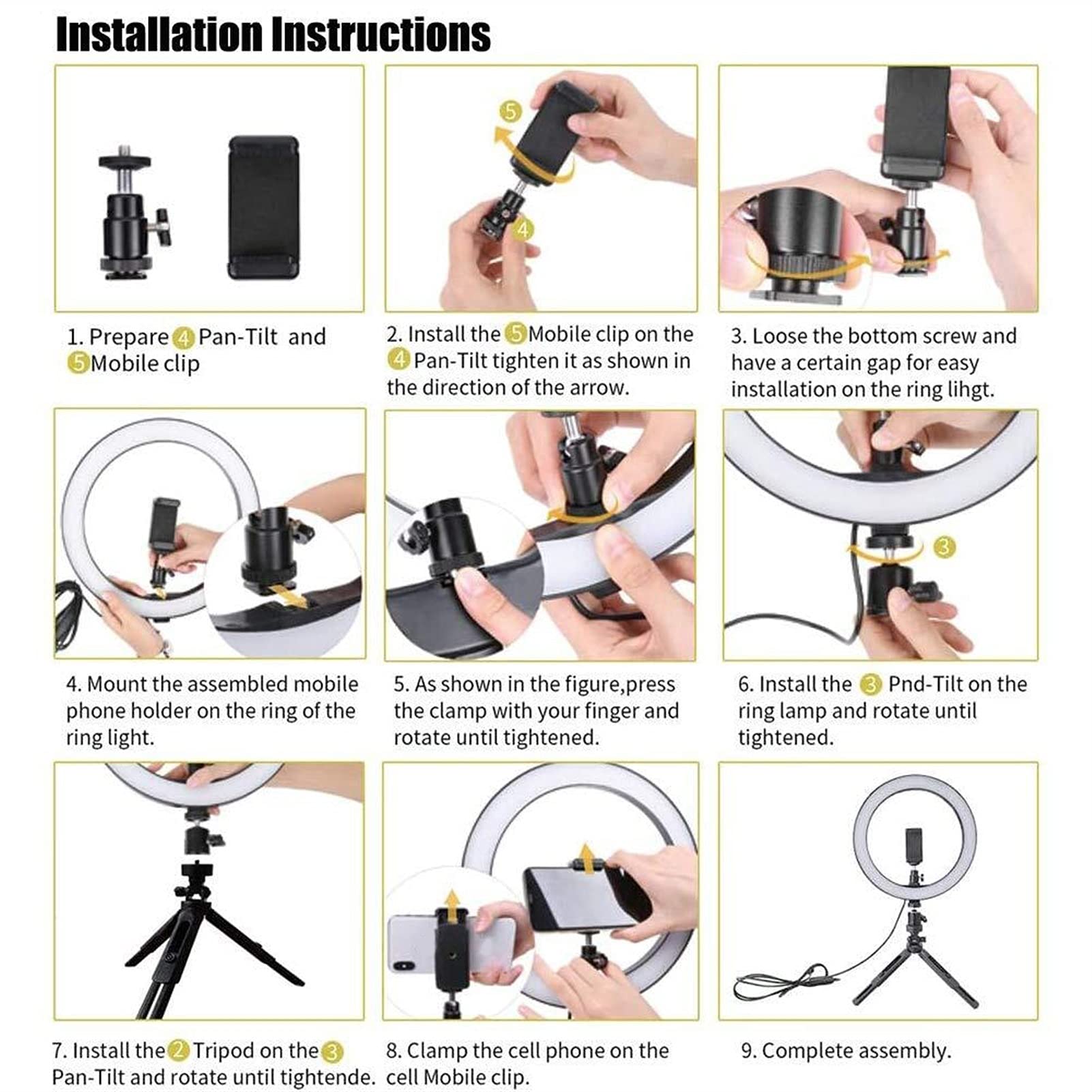 10"Selfie. GUIDATO Lampada ad Anello con Supporto treppiede e Supporto per Anelli USB Photography Riempimento Lampada 3 modalità Luminosa 10 Livello di luminosità Kit Ricaricabile Diamplare Flash per