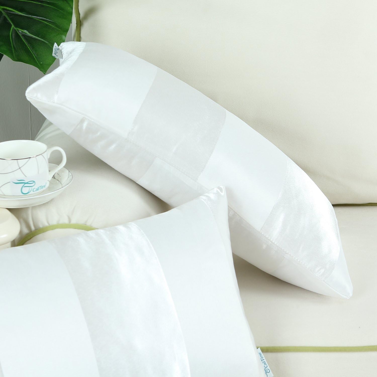 CaliTime Pack of 2 Cushion Covers Pillow Cases Shells for Couch Sofa Home Decoration Modern Shining & Dull Contrast Striped 12 X 20 Inches White