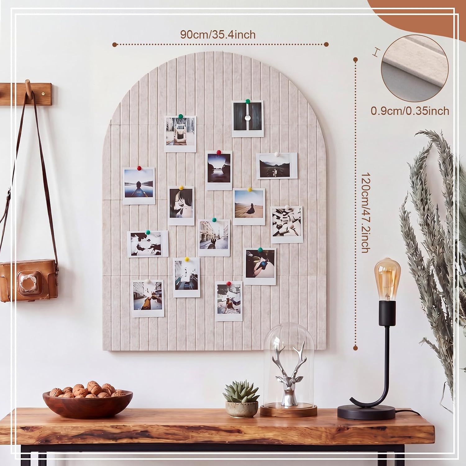 Fanfanwin Large Arched Felt Bulletin Board 47" x 35", Cork Board Alternative for Wall Decor, 12 Customizable Adhesive Tiles with 50 Push Pins for Home Office Display Your Photos(Light Camel)
