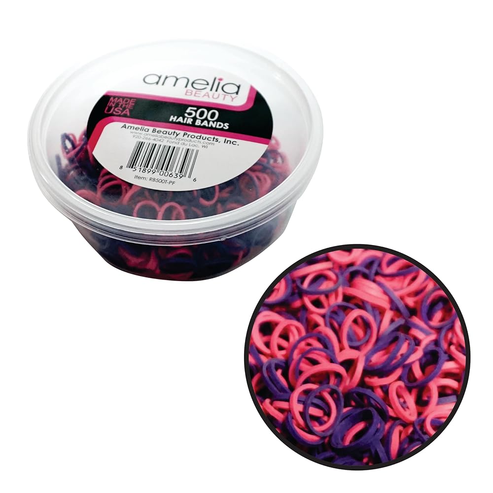 Amelia Beauty | 500 Count 1/2 Rubber Bands | Premium US Made Rubber Hair Ties | Ideal for Ponytails, Braids & Beards | Strong All Day Hold | Convenient Re-closable Container | Purple and Fuchsia Mix