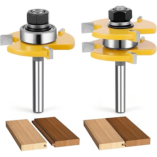 Junreox 2PCS Tongue and Groove Router Bit Set, 3rd Gen. 1/4 Shank Router Bits for 3/4" Stock, 1/2" Cutting Depth, Adjustable 3 Teeth Shaker Cabinet Door Router Bits for Woodworking, Milling, Cutting