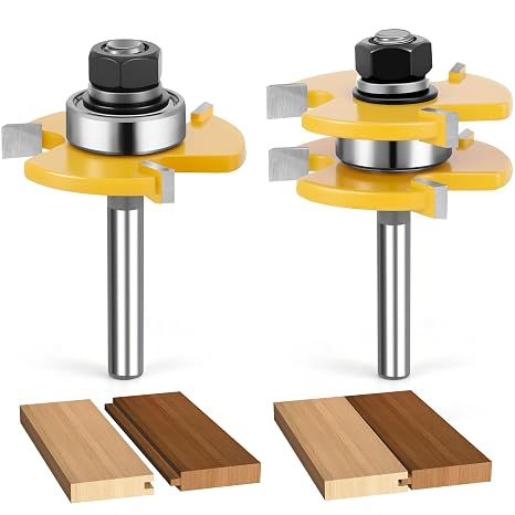 Junreox 2PCS Tongue and Groove Router Bit Set, 3rd Gen. 1/4 Shank Router Bits for 3/4 Stock, 1/2 Cutting Depth, Adjustable 3 Teeth Shaker Cabinet Door Router Bits for Woodworking, Milling, Cutting