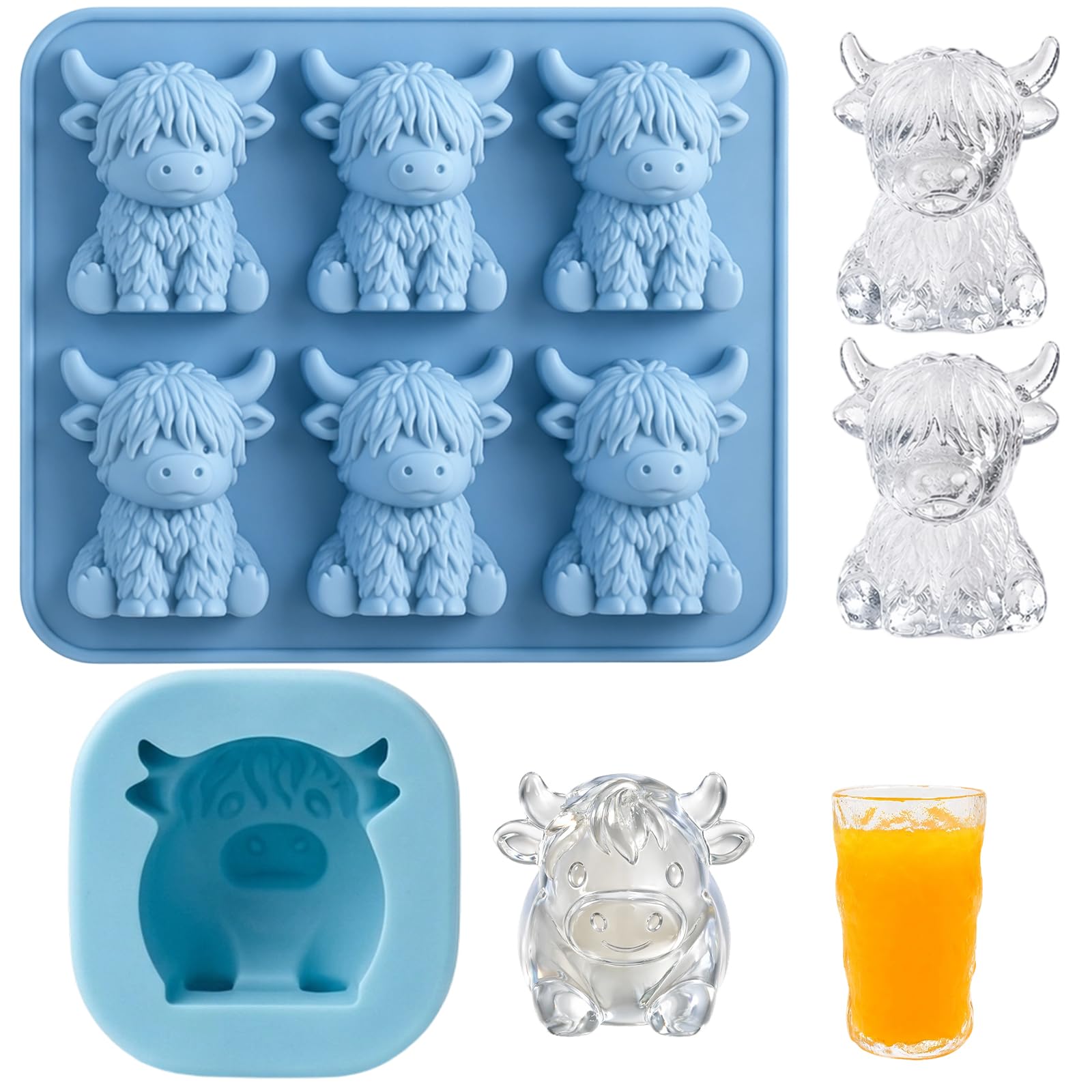 2 PCS Highland Cow Ice Cube Tray,Piece Silicone Ice Cube Set for Drinks & Daily Use, Reusable Highland Cow Ice Cube Trays with Detailed Design for Home Kitchens and Creative Treats